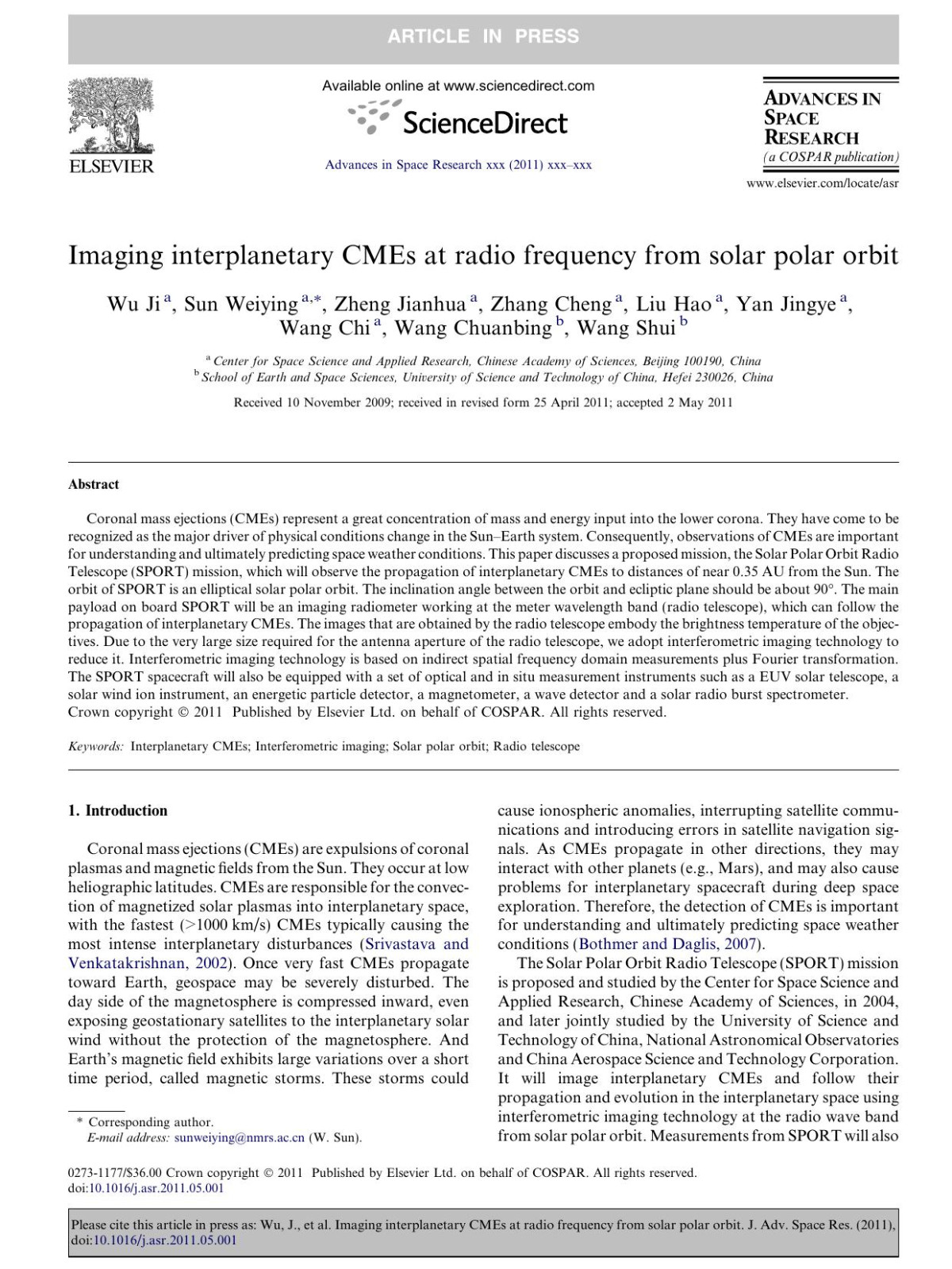 Imaging Interplanetary Cmes At Radio Frequency From Solar Polar Orbit Ji Wu Weiying Sun Jianhua Zheng Cheng Zhang Hao Liu Jingye Yan Chi Wang Chuanbing Wang Shui Wang