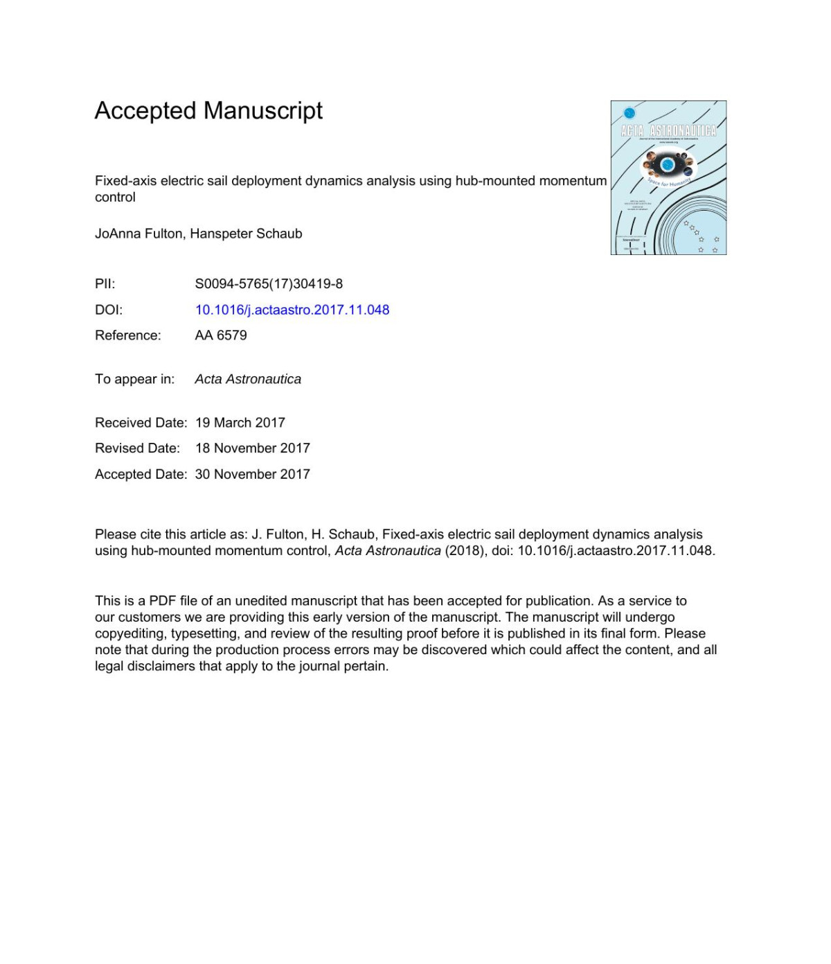 Fixedaxis Electric Sail Deployment Dynamics Analysis Using Hubmounted Momentum Control Joanna Fulton Hanspeter Schaub