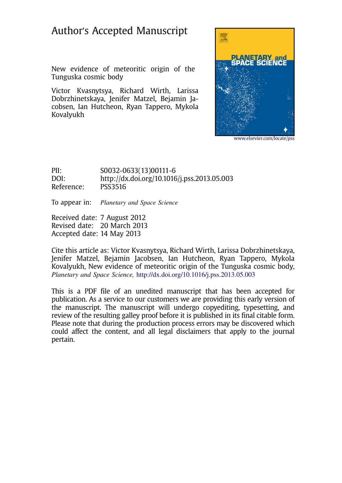 New Evidence Of Meteoritic Origin Of The Tunguska Cosmic Body Victor Kvasnytsya Richard Wirth Larissa Dobrzhinetskaya Jenifer Matzel Bejamin Jacobsen Ian Hutcheon Ryan Tappero Mykola Kovalyukh