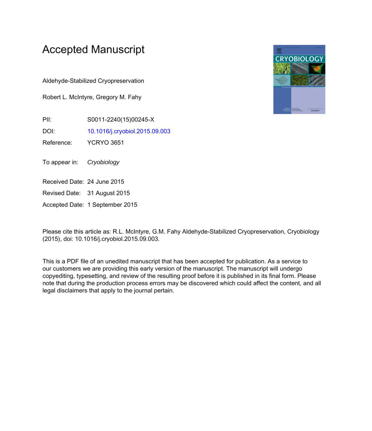 Aldehydestabilized Cryopreservation Robert L Mcintyre Gregory M Fahy