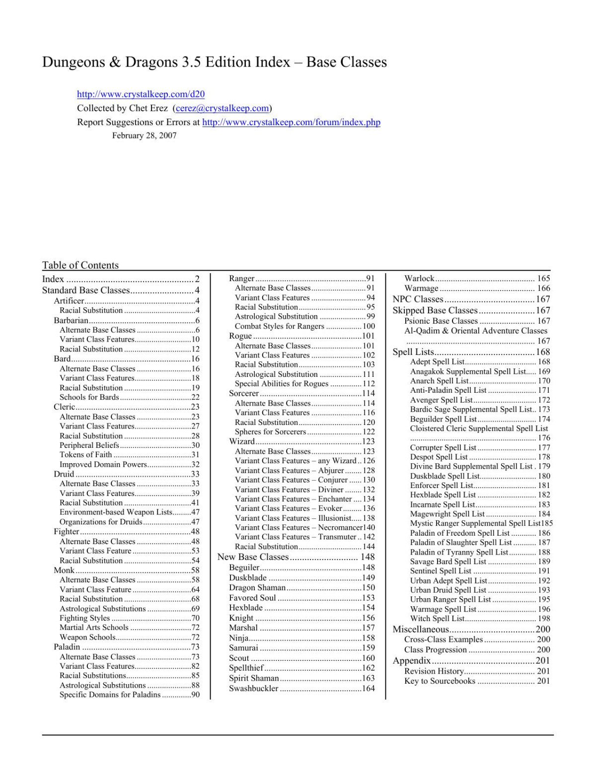 Dungeons Dragons 35 Edition Index Base Classes Chet Erez Collecror