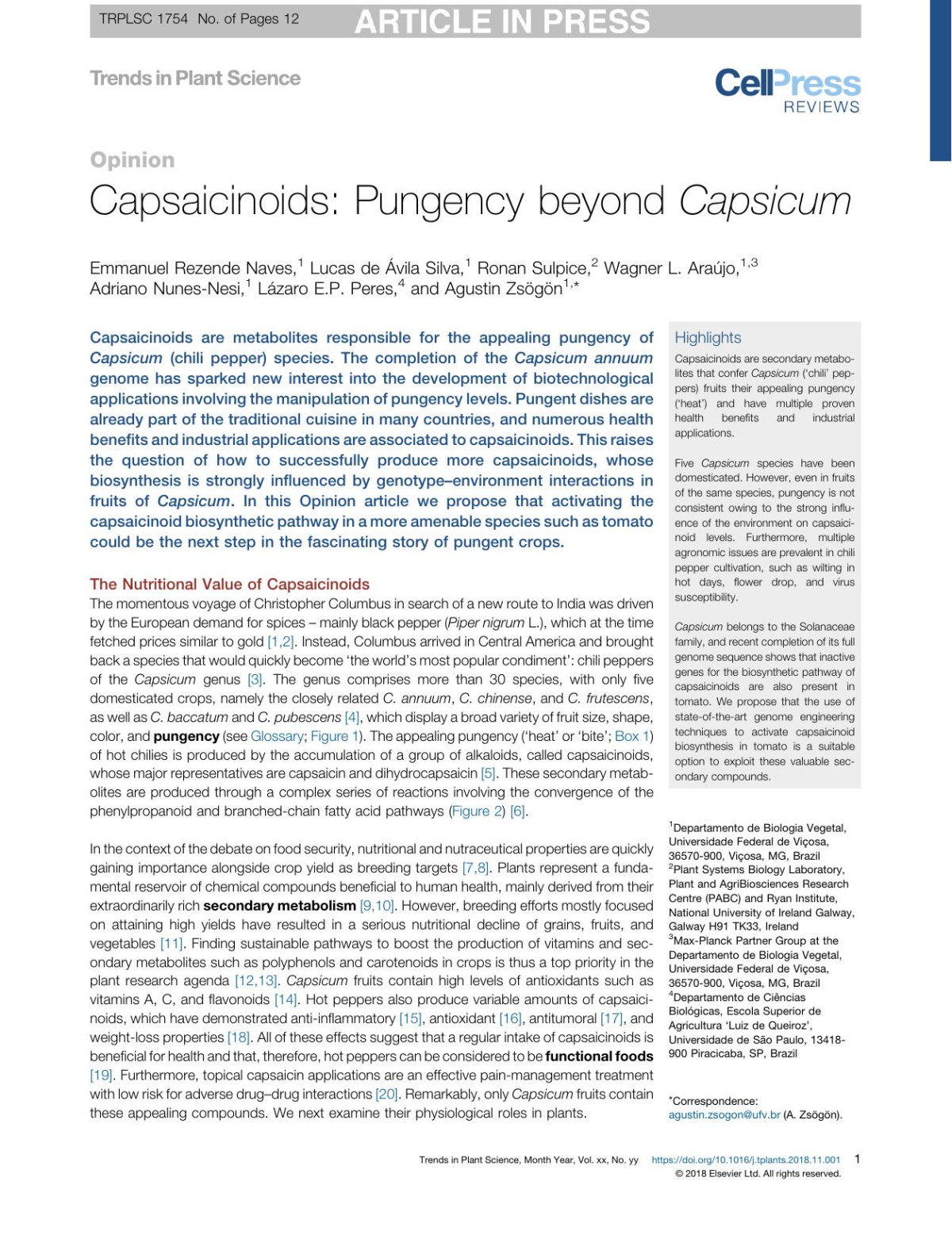 Capsaicinoids Pungency Beyond Capsicum Emmanuel Rezende Naves Lucas De Vila Silva Ronan Sulpice Wagner L Arajo Adriano Nunesnesi Lzaro Ep Peres Agustin Zsgn