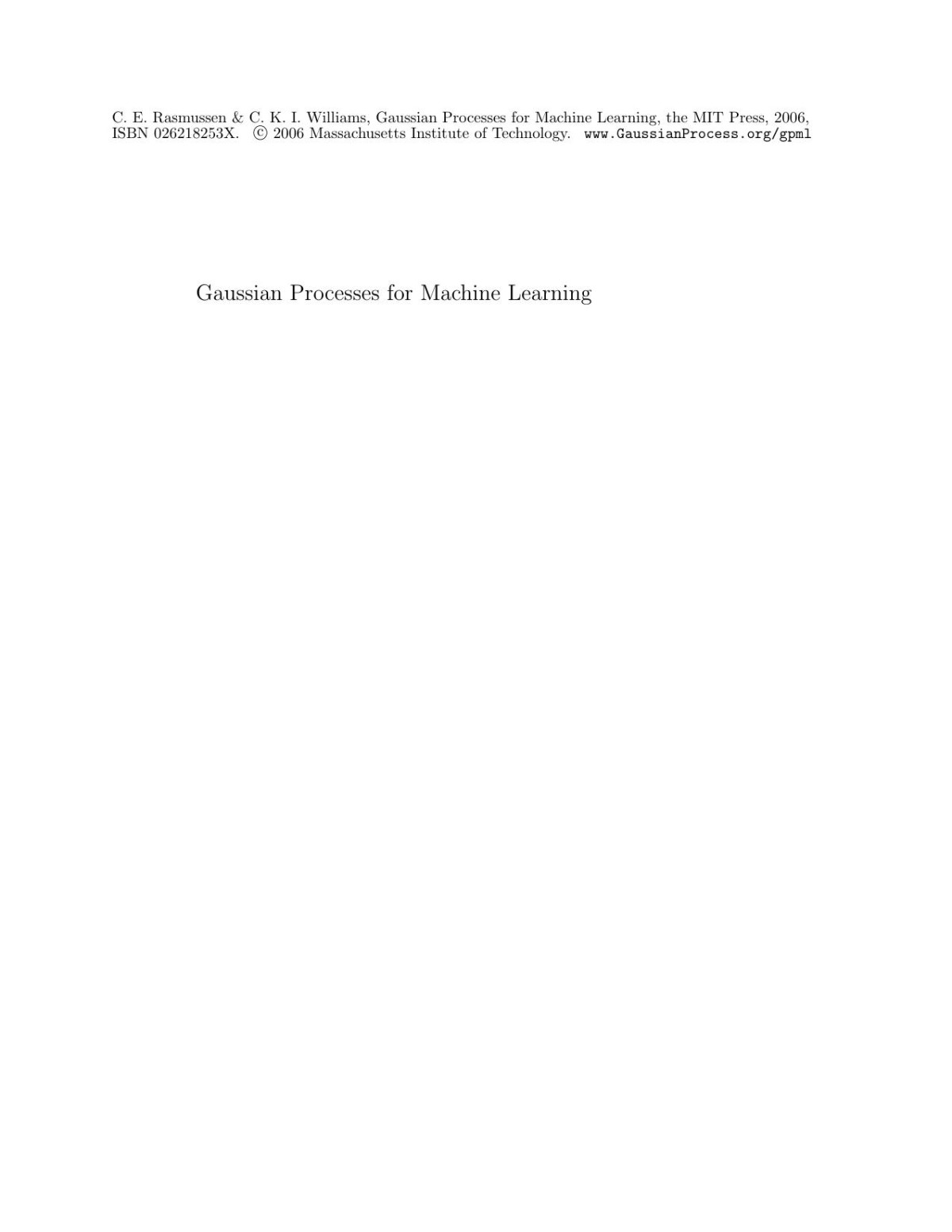 Gaussian Processes For Machine Learning Carl Edward Rasmussen Christopher K I Williams