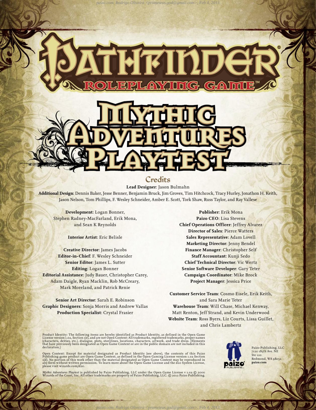 Pathfinder Mythic Adventures Playtest Jason Bulmahn