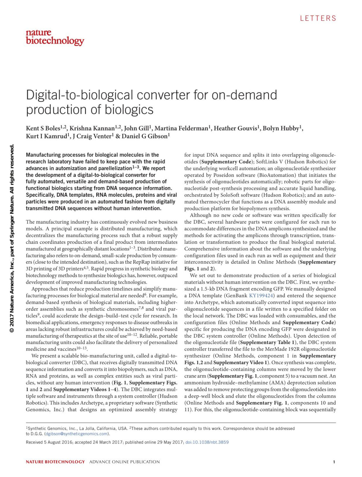 Digitaltobiological Converter For Ondemand Production Of Biologics Kent S Boles Krishna Kannan John Gill Martina Felderman Heather Gouvis Bolyn Hubby Kurt I Kamrud J Craig Venter Daniel G Gibson