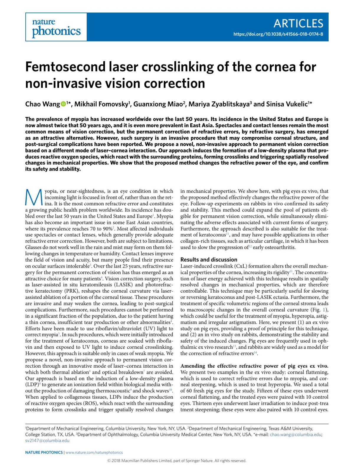 Femtosecond Laser Crosslinking Of The Cornea For Noninvasive Vision Correction Chao Wang Mikhail Fomovsky Guanxiong Miao Mariya Zyablitskaya Sinisa Vukelic