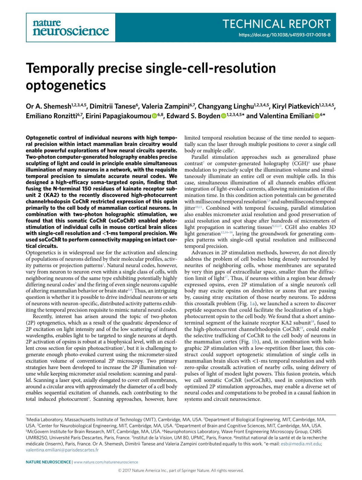 Temporally Precise Singlecellresolution Optogenetics Or A Shemesh Dimitrii Tanese Valeria Zampini Changyang Linghu Kiryl Piatkevich Emiliano Ronzitti Eirini Papagiakoumou Edward S Boyden Valentina Emiliani
