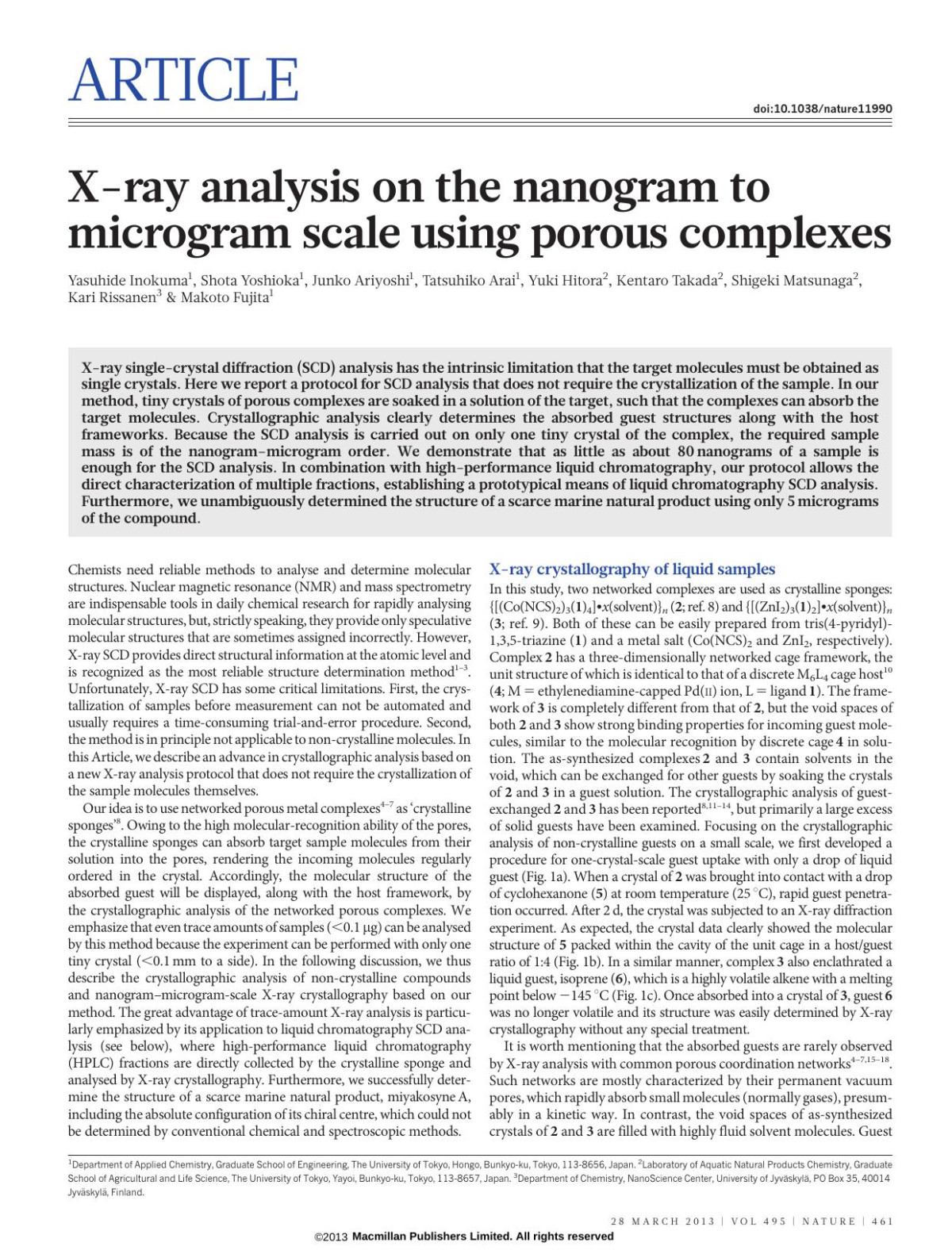 Xray Analysis On The Nanogram To Microgram Scale Using Porous Complexes Yasuhide Inokuma Shota Yoshioka Junko Ariyoshi Tatsuhiko Arai Yuki Hitora Kentaro Takada Shigeki Matsunaga Kari Rissanen Makoto Fujita
