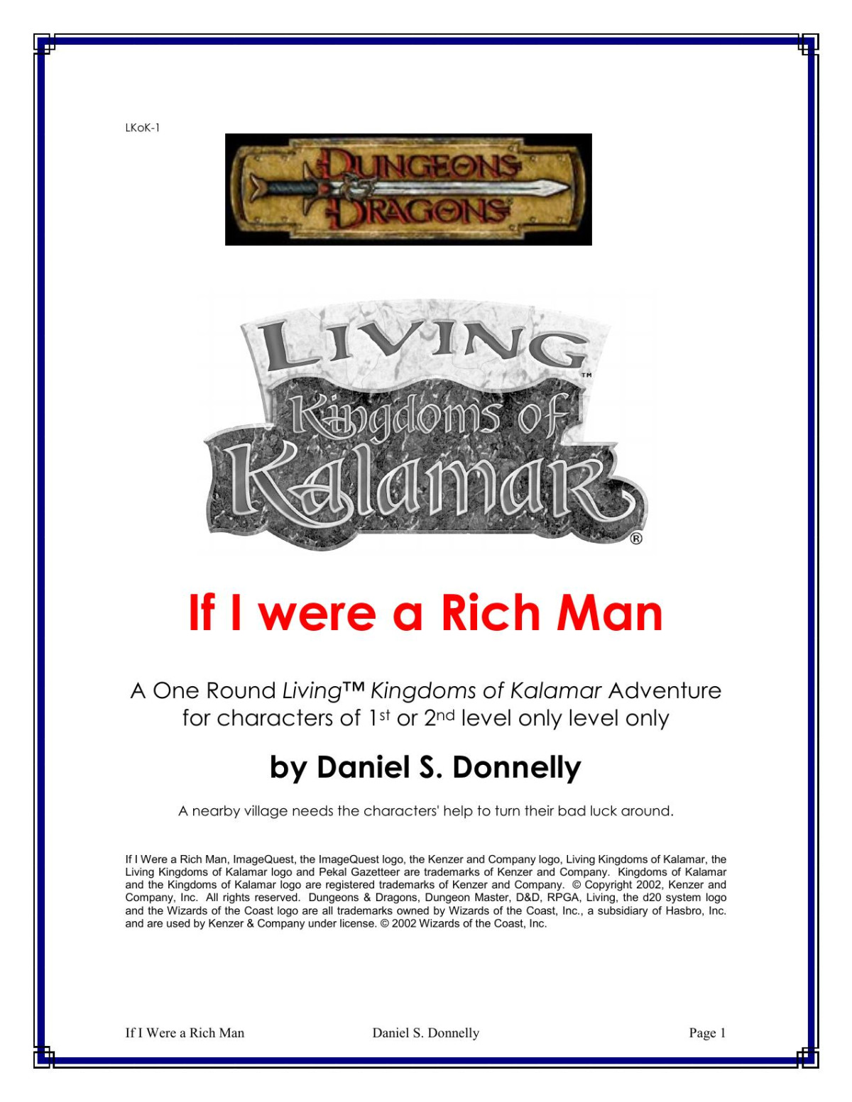 Lkok 01 Dd Living Kingdoms Of Kalamar If I Were A Rich Man Daniel S Donnelly