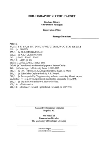 The Collected Mathematical Papers Of Arthur Cayley Volume 1 Arthur Cayley