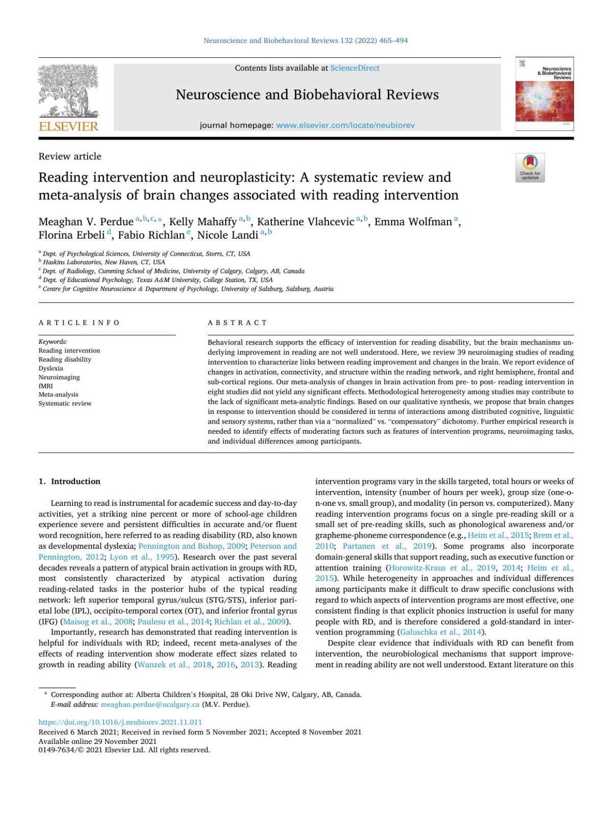 Reading Intervention And Neuroplasticity A Systematic Review And Metaanalysis Of Brain Changes Associated With Reading Intervention Meaghan V Perdue