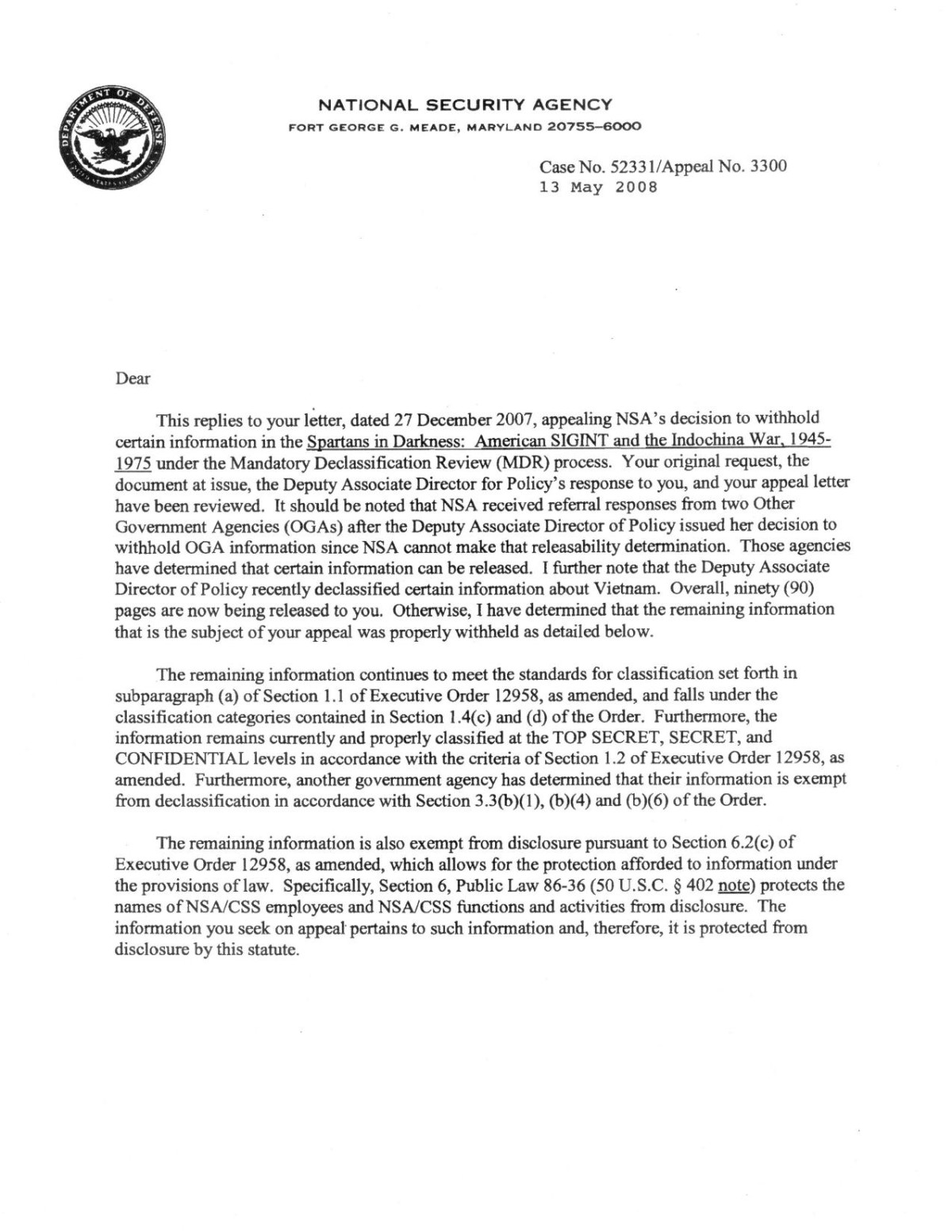Spartans In Darkness American Sigint And The Indochina War 19451975 Additional Pages Released On Appeal Case No 52331appeal No 3300 2008th Edition Robert J Hanyok