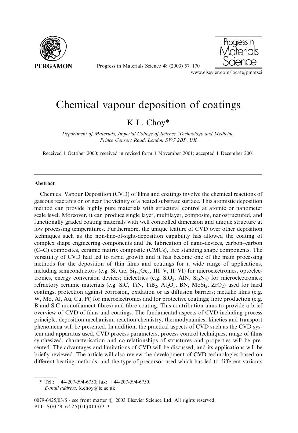 Chemical Vapour Deposition Cvd Kwangleong Choy
