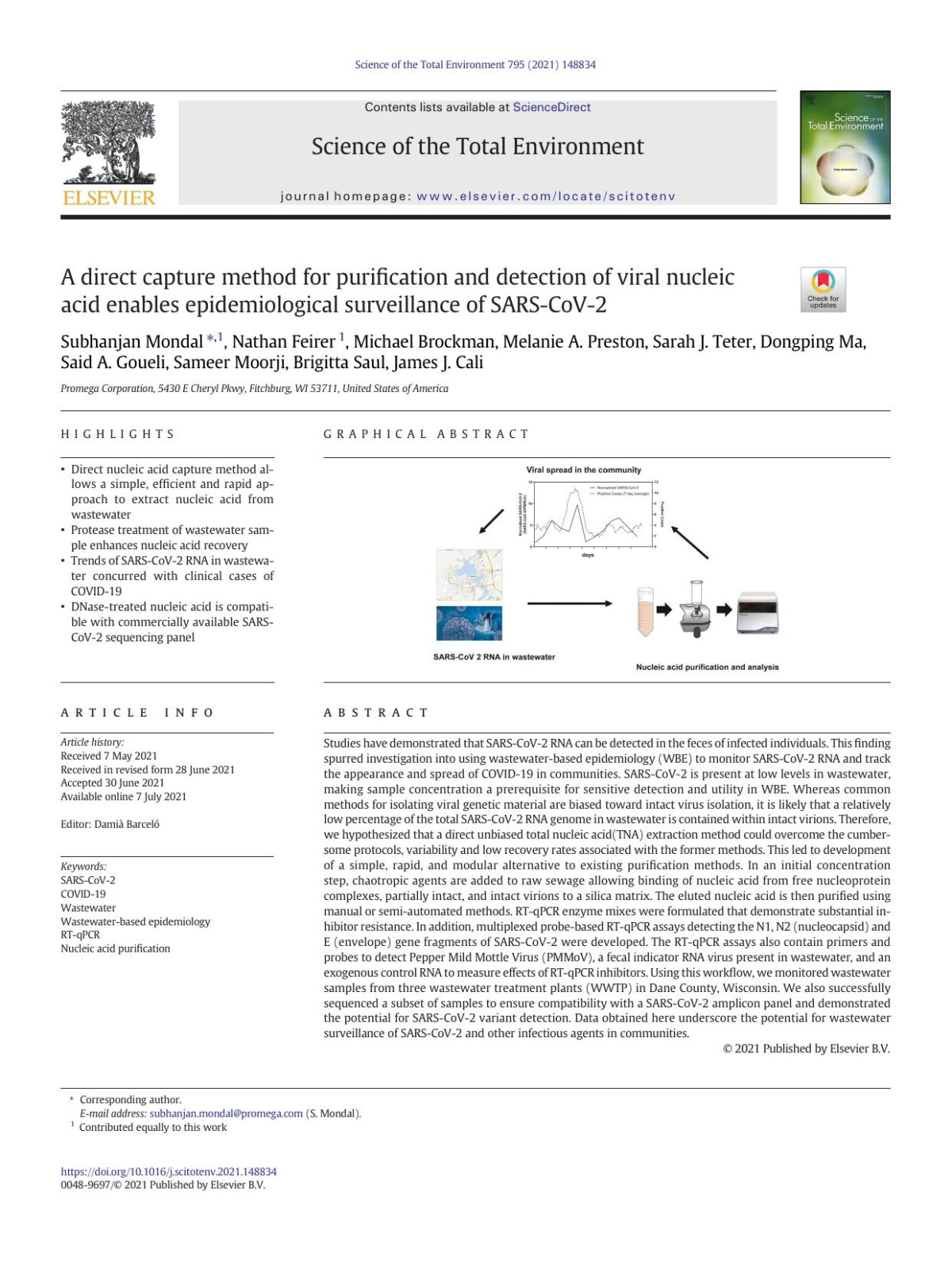 A Direct Capture Method For Purification And Detection Of Viral Nucleic Acid Enables Epidemiological Surveillance Of Sarscov2 Subhanjan Mondal Nathan Feirer Michael Brockman Melanie A Preston Sarah J Teter Dongping Ma Said A Goueli Sameer Moorji Brigitta Saul James J Cali