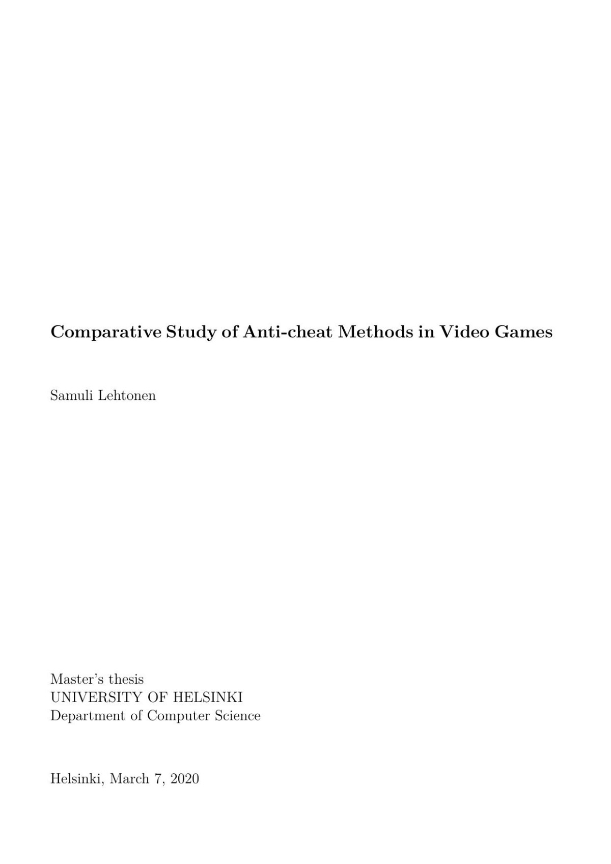 Comparative Study Of Anticheat Methods In Video Games 1st Edition Samuli Lehtonen