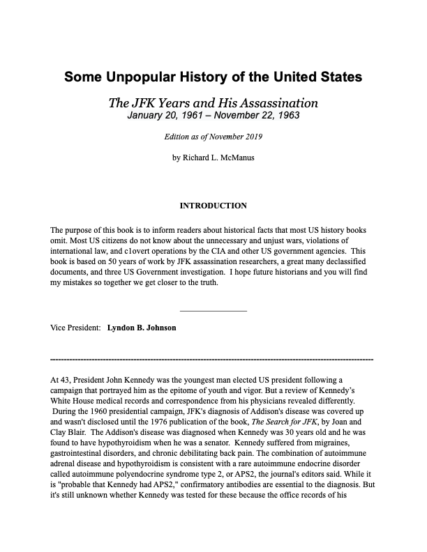 Mcmanus Richard L Some Unpopular History Of The United States The Jfk Years And His Assassination Richard L Mcmanus