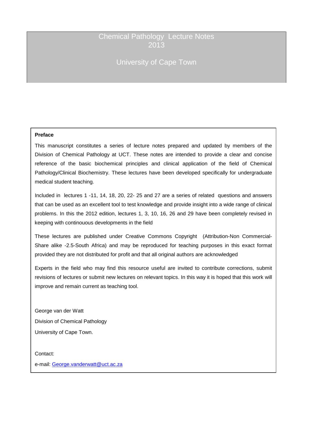 Chemical Pathology Lecture Notes George Van Der Watt