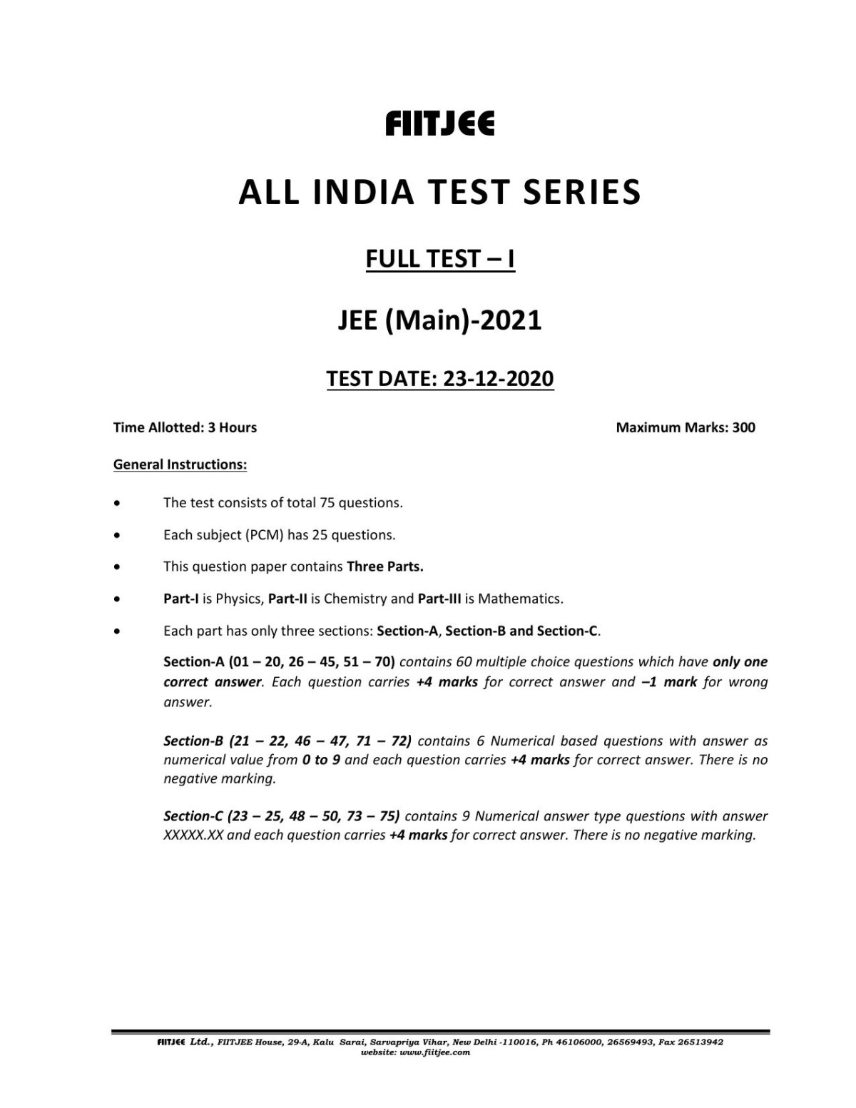 All India Test Series Full Test I Jee Main2021 Fiitjee