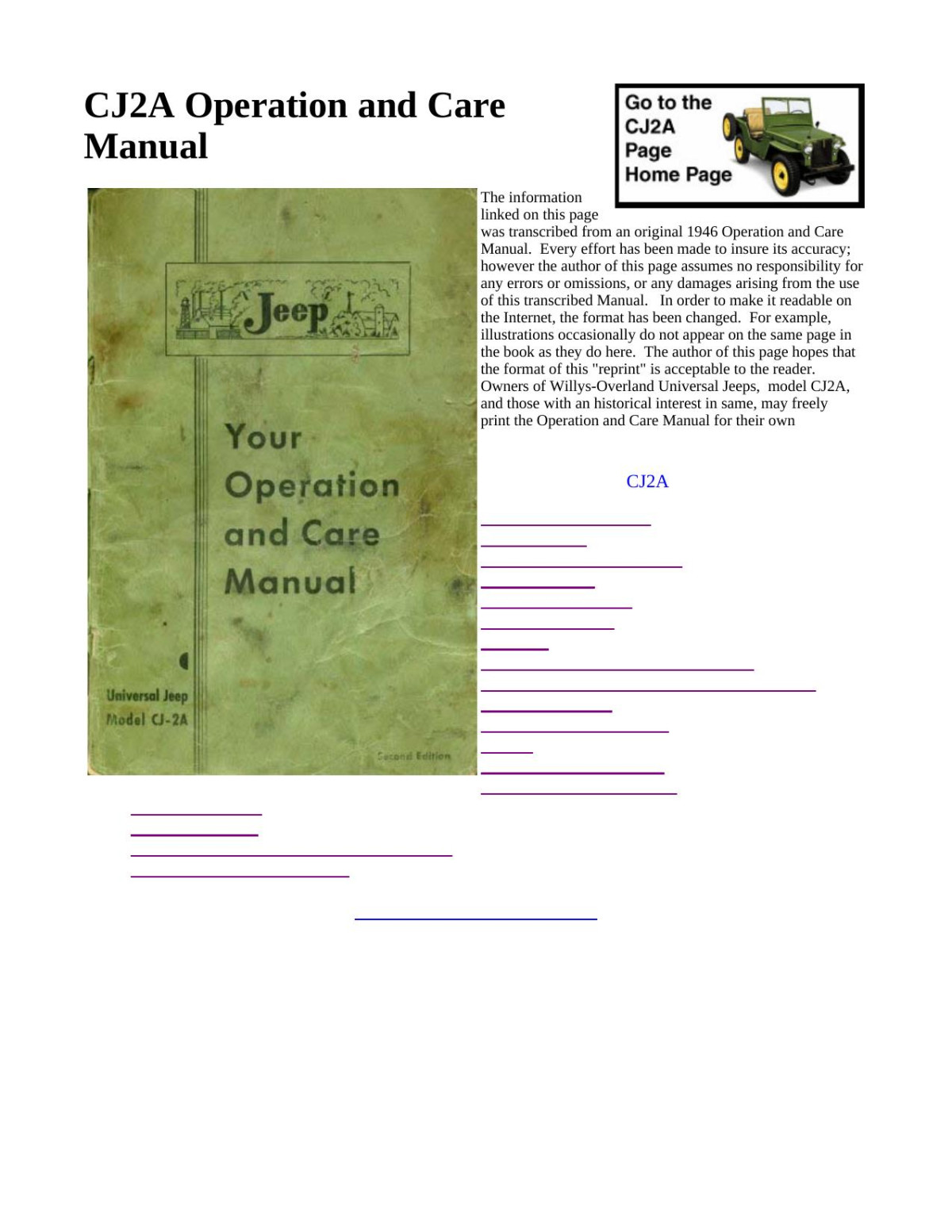 Jeep Your Operation And Care Manual 1st Edition Universal Jeep