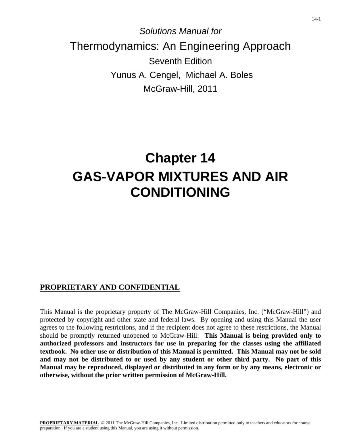 Solutions Manual For Thermodynamics An Engineering Approach Chapter 14 Gasvapor Mixtures And Air Conditioning 7th Edition Yunus A Cengel