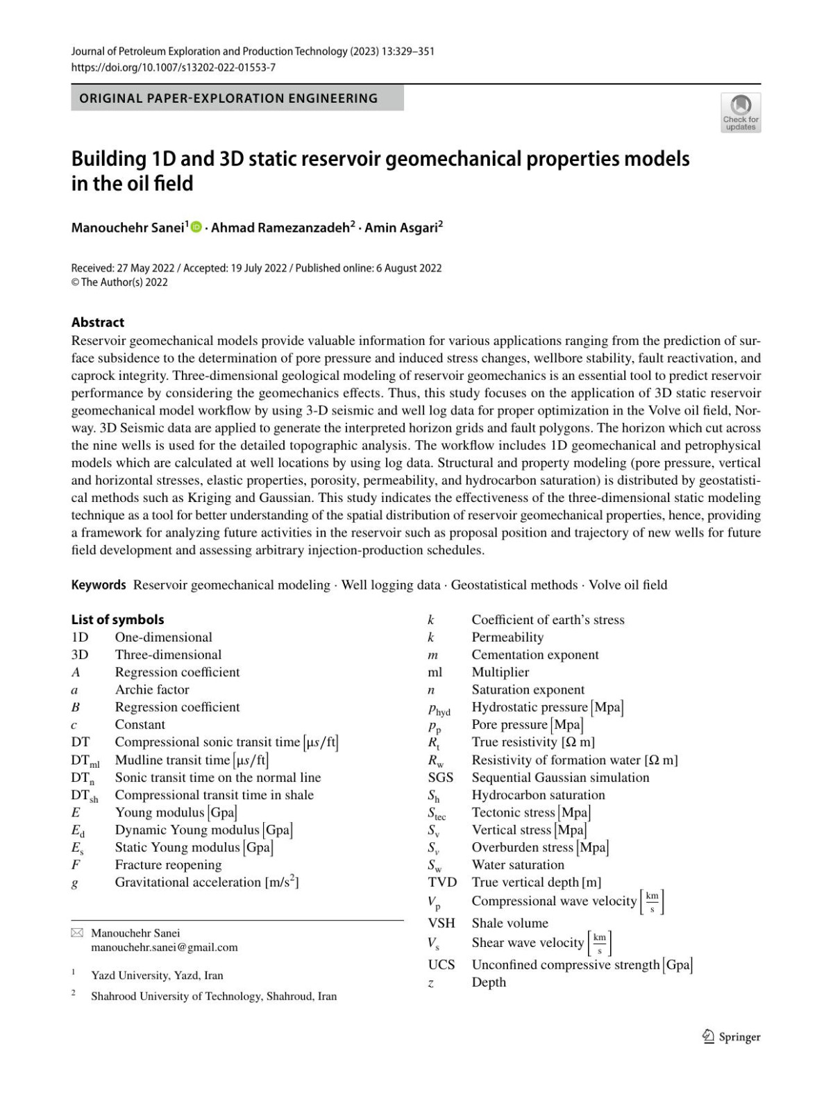 Building 1d And 3d Static Reservoir Geomechanical Properties Models In The Oil Field Manouchehr Sanei Ahmad Ramezanzadeh Amin Asgari