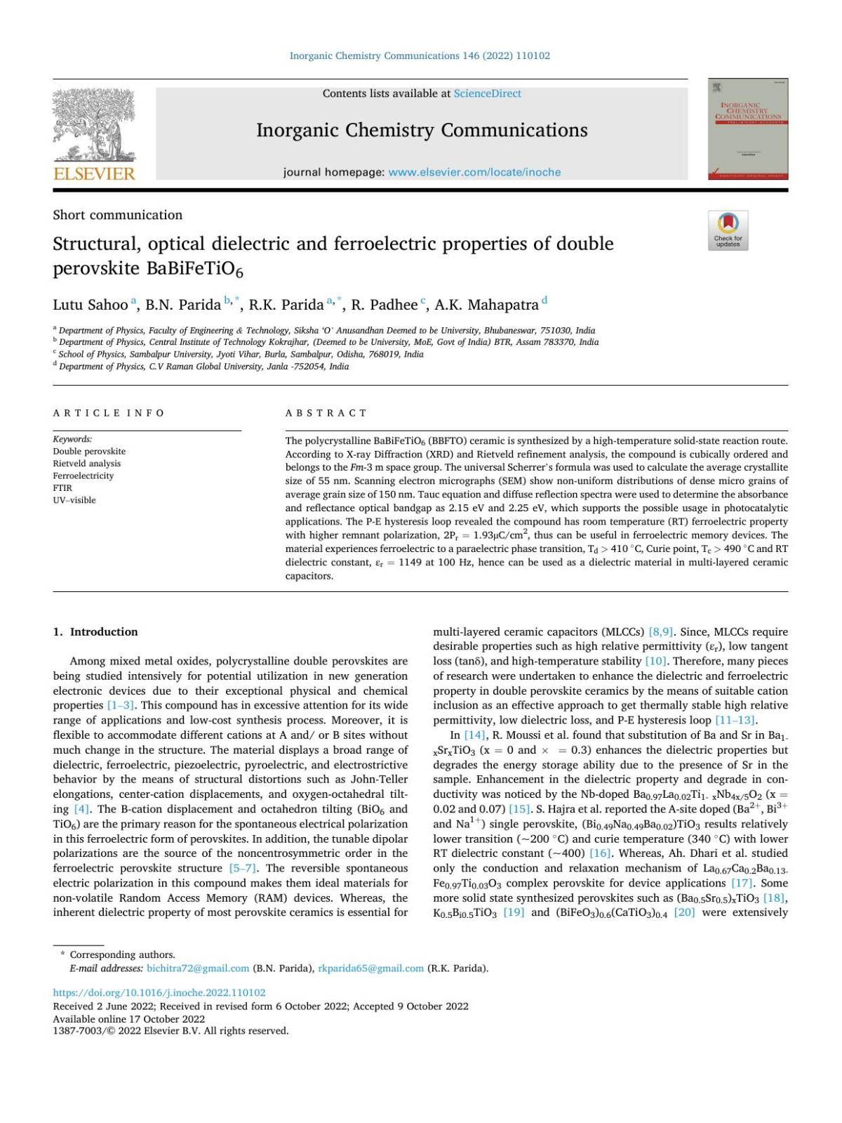 Structural Optical Dielectric And Ferroelectric Properties Of Double Perovskite Babifetio6 Lutu Sahoo