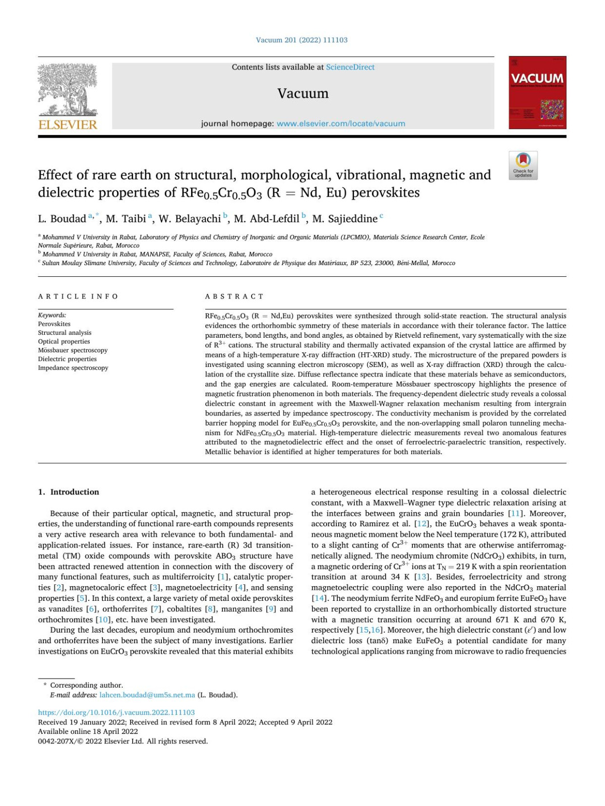 Effect Of Rare Earth On Structural Morphological Vibrational Magnetic And Dielectric Properties Of Rfe05cr05o3 R Nd Eu Perovskites L Boudad