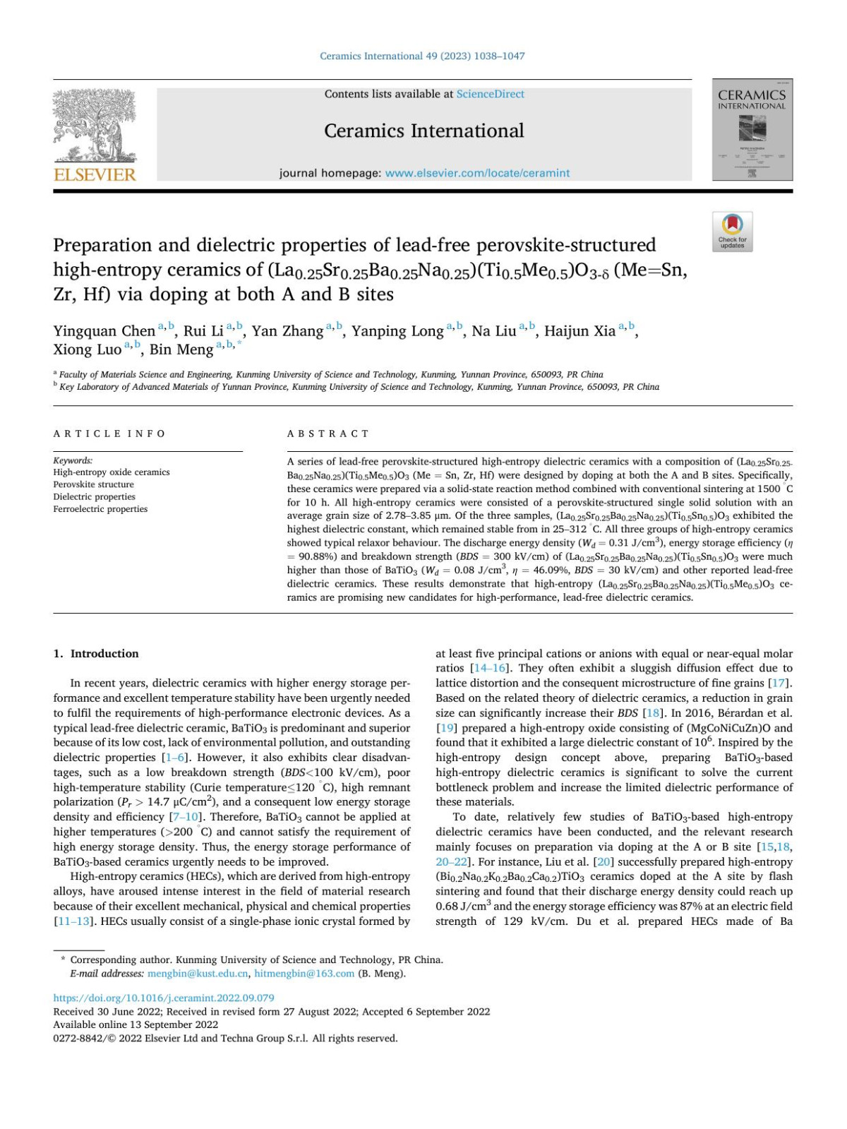 Preparation And Dielectric Properties Of Leadfree Perovskitestructured Highentropy Ceramics Of La025sr025ba025na025ti05me05o3x8e Mesn Zr Hf Via Doping At Both A And B Sites Yingquan Chen