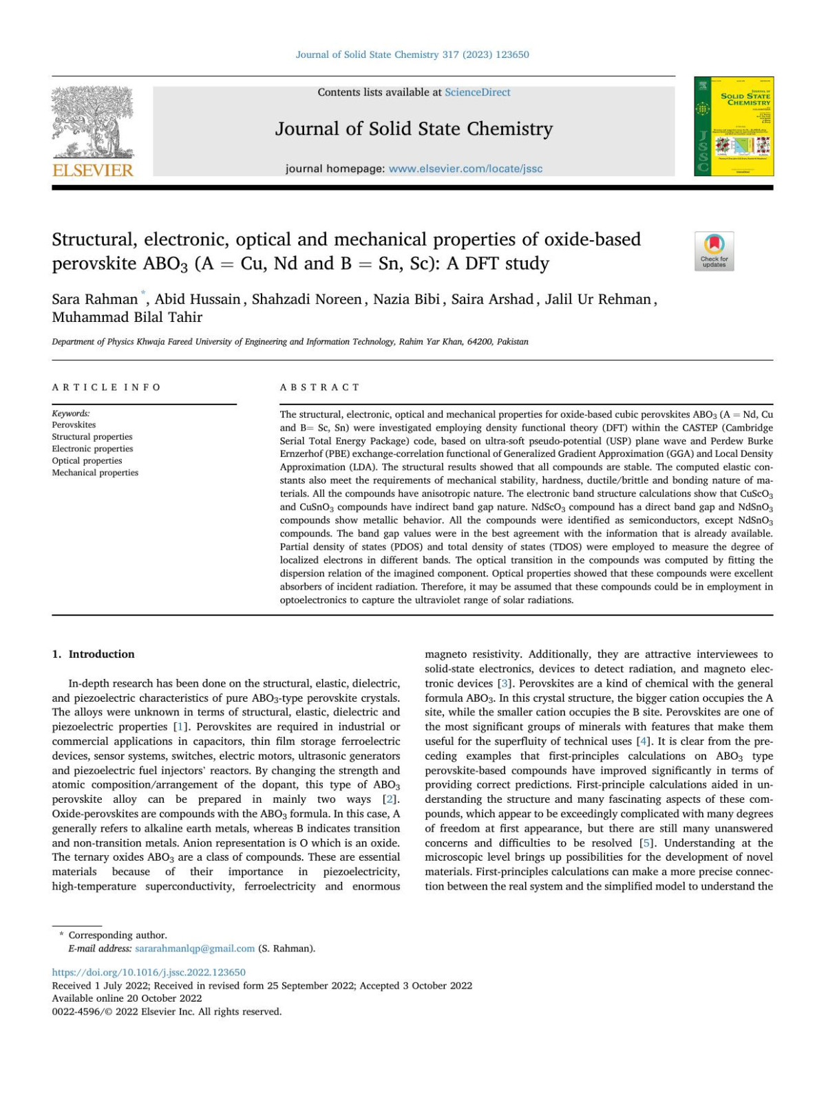Structural Electronic Optical And Mechanical Properties Of Oxidebased Perovskite Abo3 A Cu Nd And B Sn Sc A Dft Study Sara Rahman Abid Hussain Shahzadi Noreen Nazia Bibi Saira Arshad Jalil Ur Rehman Muhammad Bilal Tahir