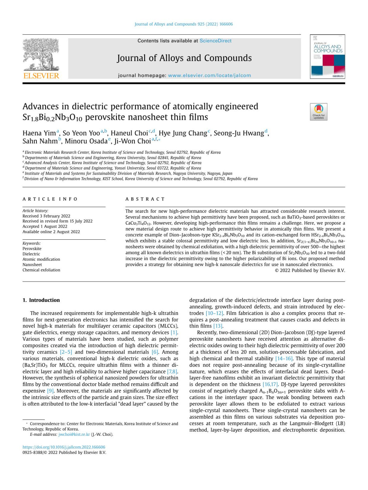 Advances In Dielectric Performance Of Atomically Engineered Sr18bi02nb3o10 Perovskite Nanosheet Thin Films Haena Yim So Yeon Yoo Haneul Choi Hye Jung Chang Seongju Hwang Sahn Nahm Minoru Osada Jiwon Choi