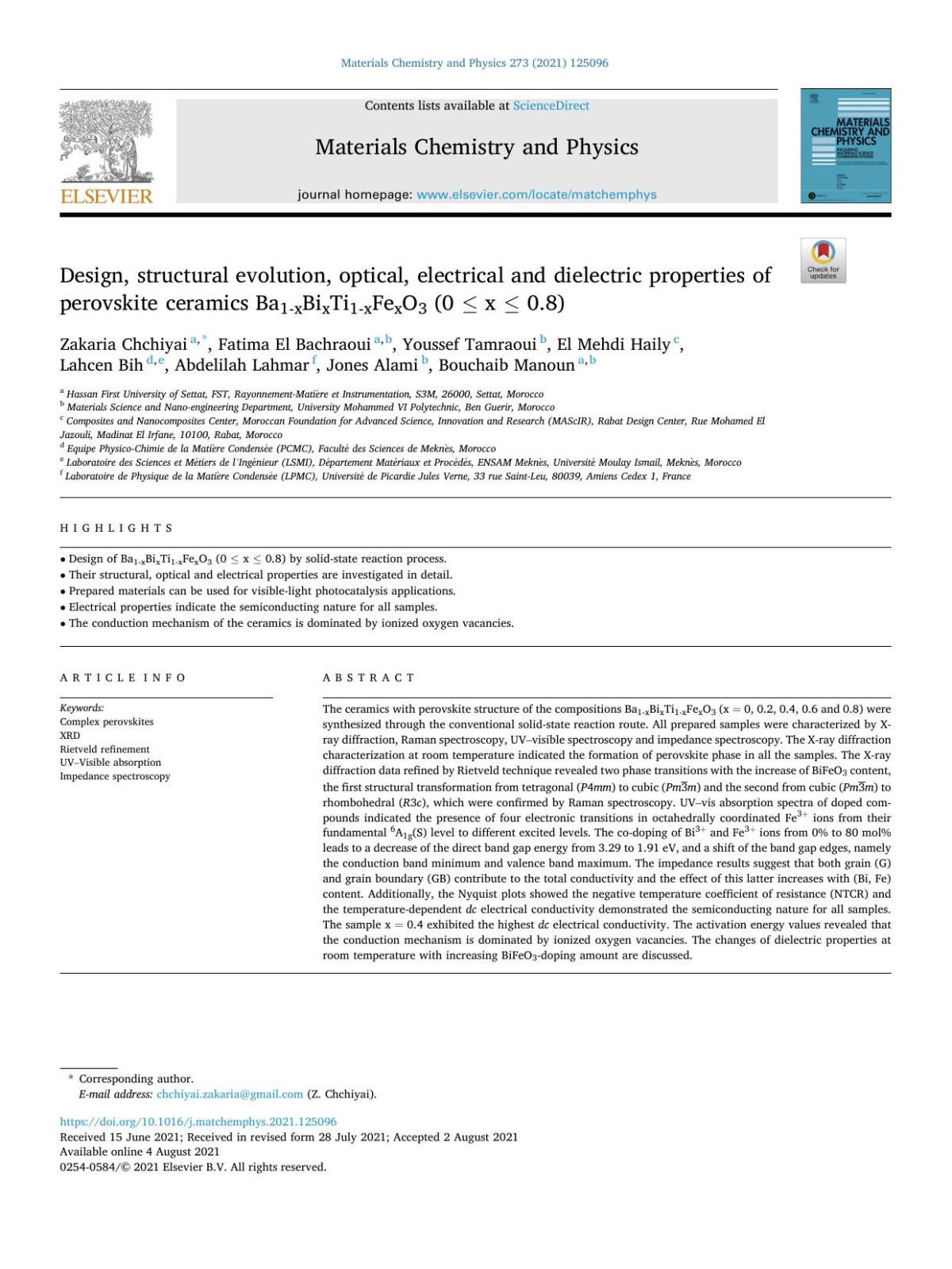 Design Structural Evolution Optical Electrical And Dielectric Properties Of Perovskite Ceramics Ba1xbixti1xfexo3 0 X89 X X89 08 Zakaria Chchiyai