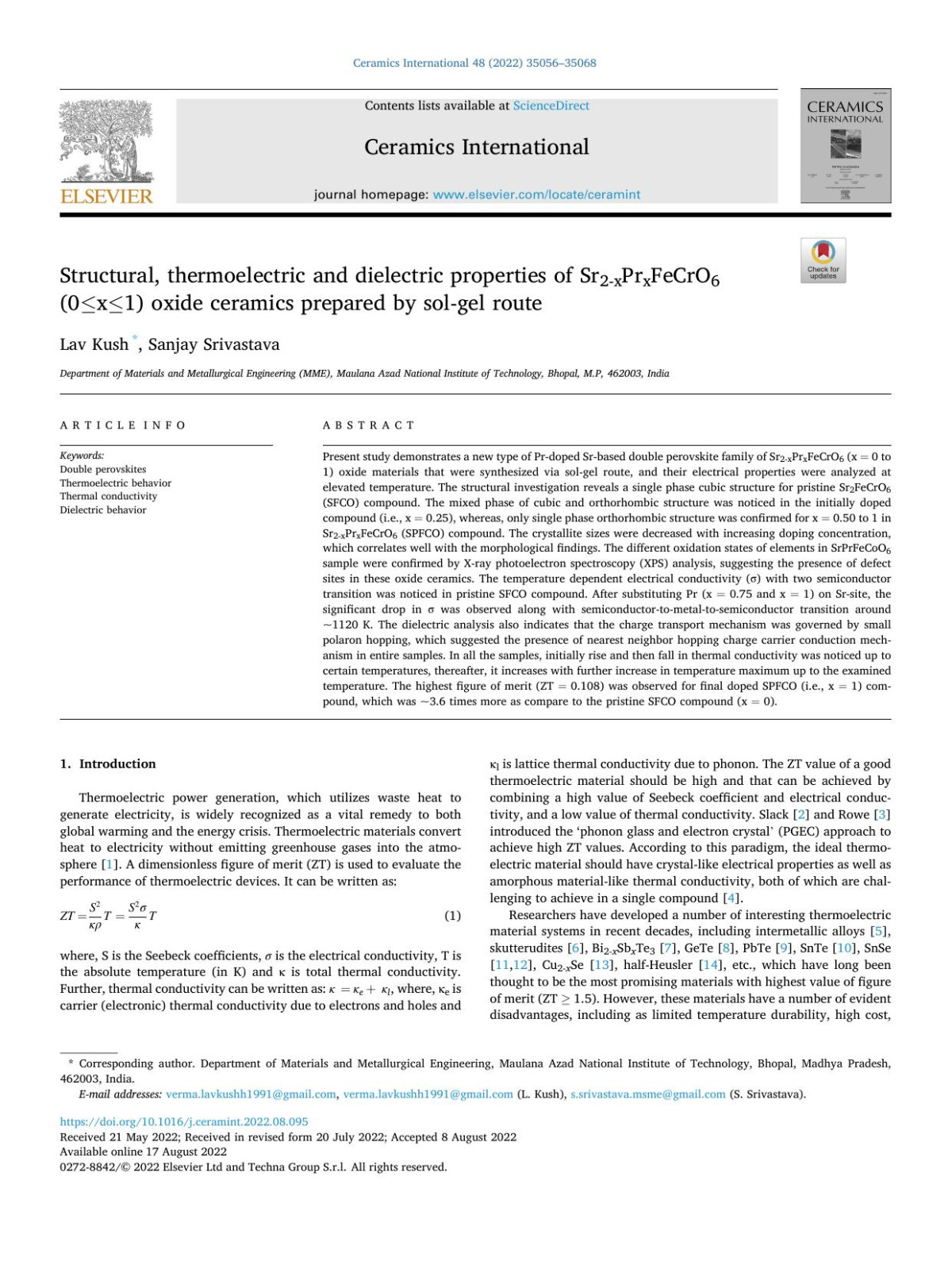 Structural Thermoelectric And Dielectric Properties Of Sr2xprxfecro6 0x89xx891 Oxide Ceramics Prepared By Solgel Route Lav Kush