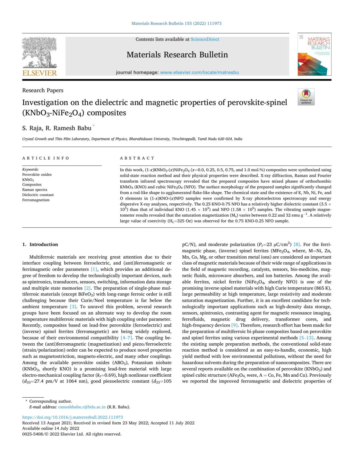 Investigation On The Dielectric And Magnetic Properties Of Perovskitespinel Knbo3nife2o4 Composites S Raja