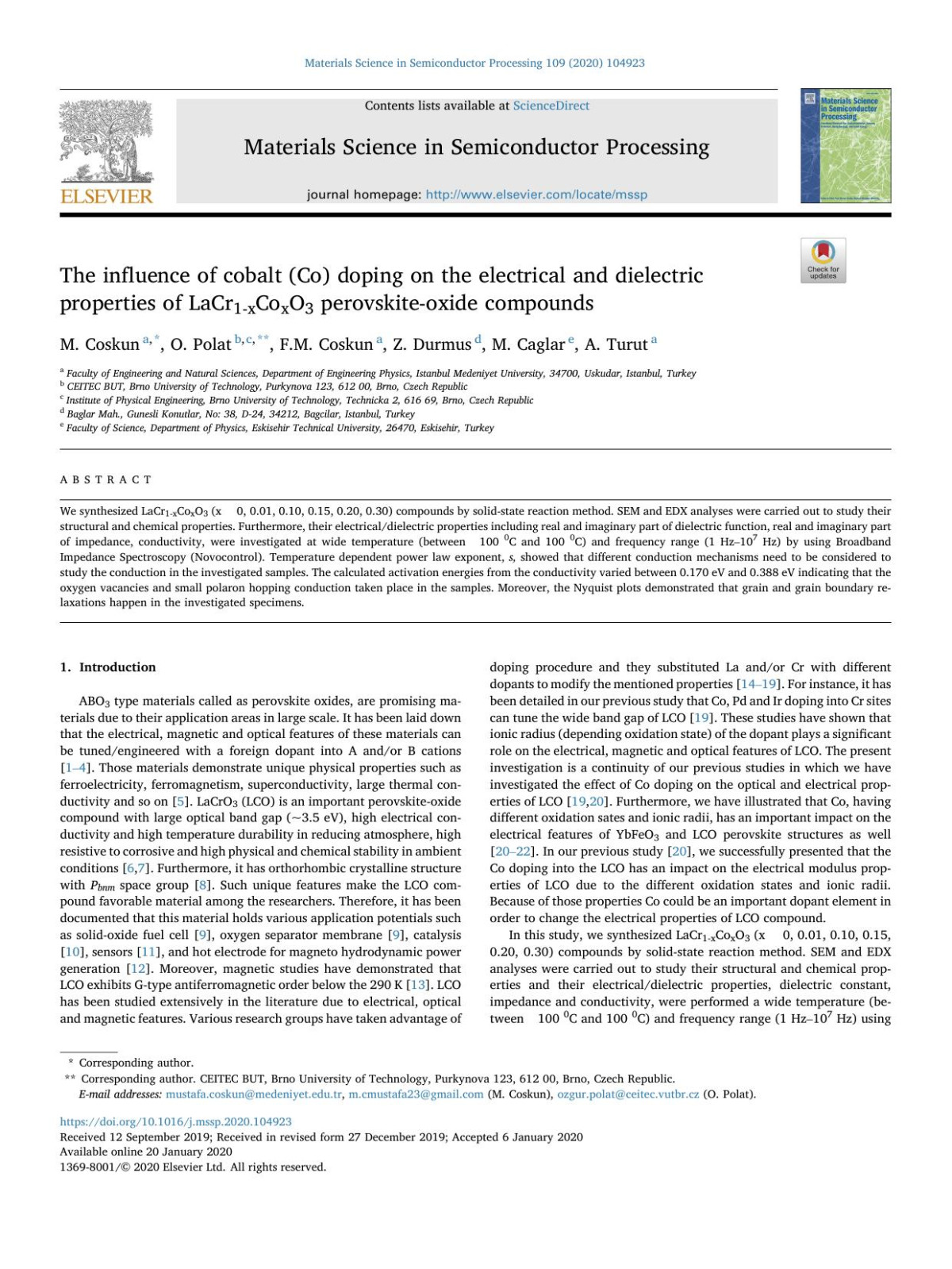 The Influence Of Cobalt Co Doping On The Electrical And Dielectric Properties Of Lacr1xcoxo3 Perovskiteoxide Compounds M Coskun