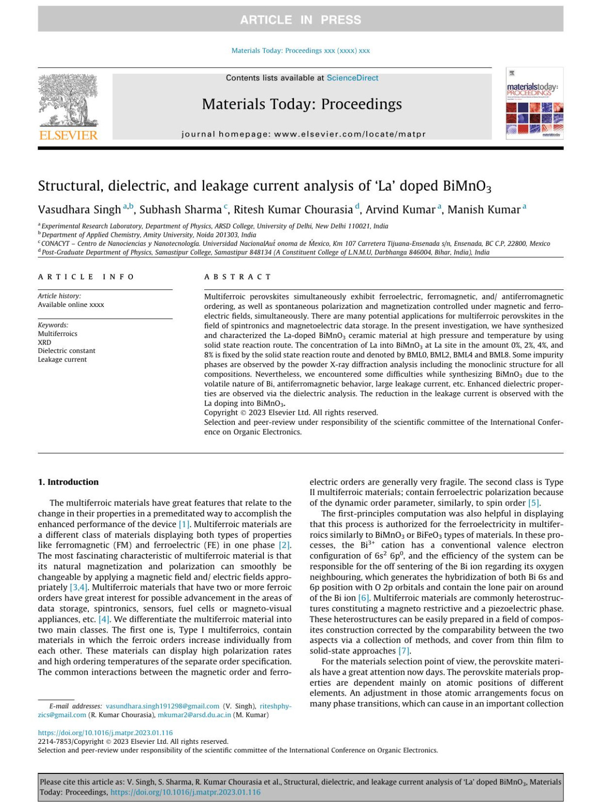 Structural Dielectric And Leakage Current Analysis Of La Doped Bimno3 Vasudhara Singh Subhash Sharma Ritesh Kumar Chourasia Arvind Kumar Manish Kumar