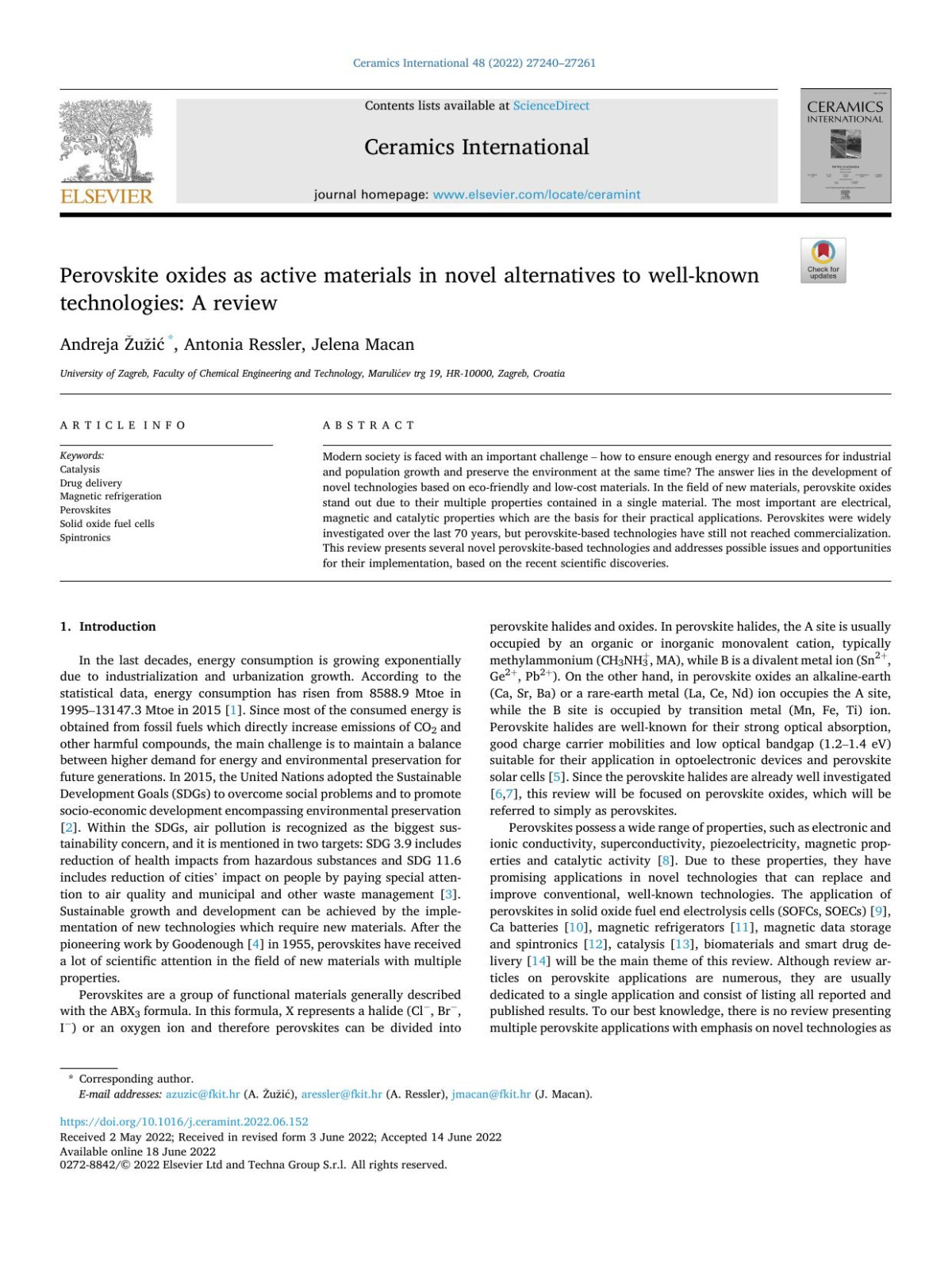 Perovskite Oxides As Active Materials In Novel Alternatives To Wellknown Technologies A Review Andreja Ui