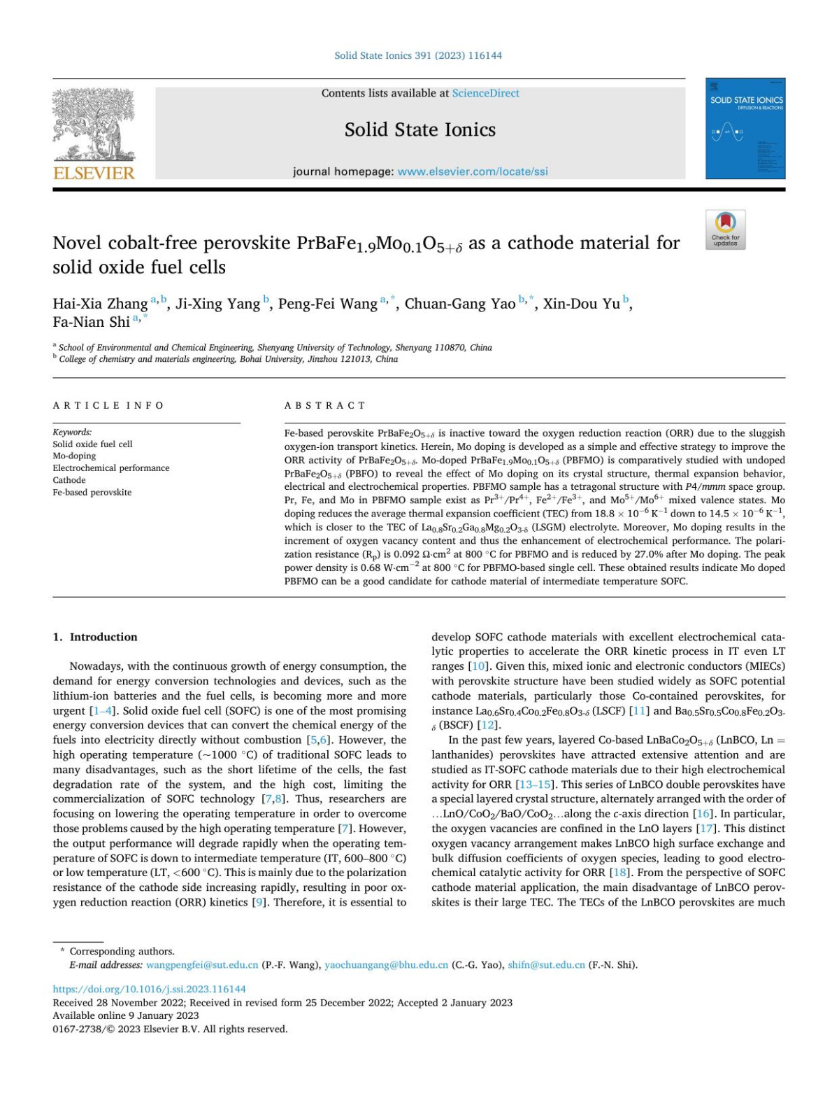 Novel Cobaltfree Perovskite Prbafe19mo01o5 As A Cathode Material For Solid Oxide Fuel Cells Haixia Zhang