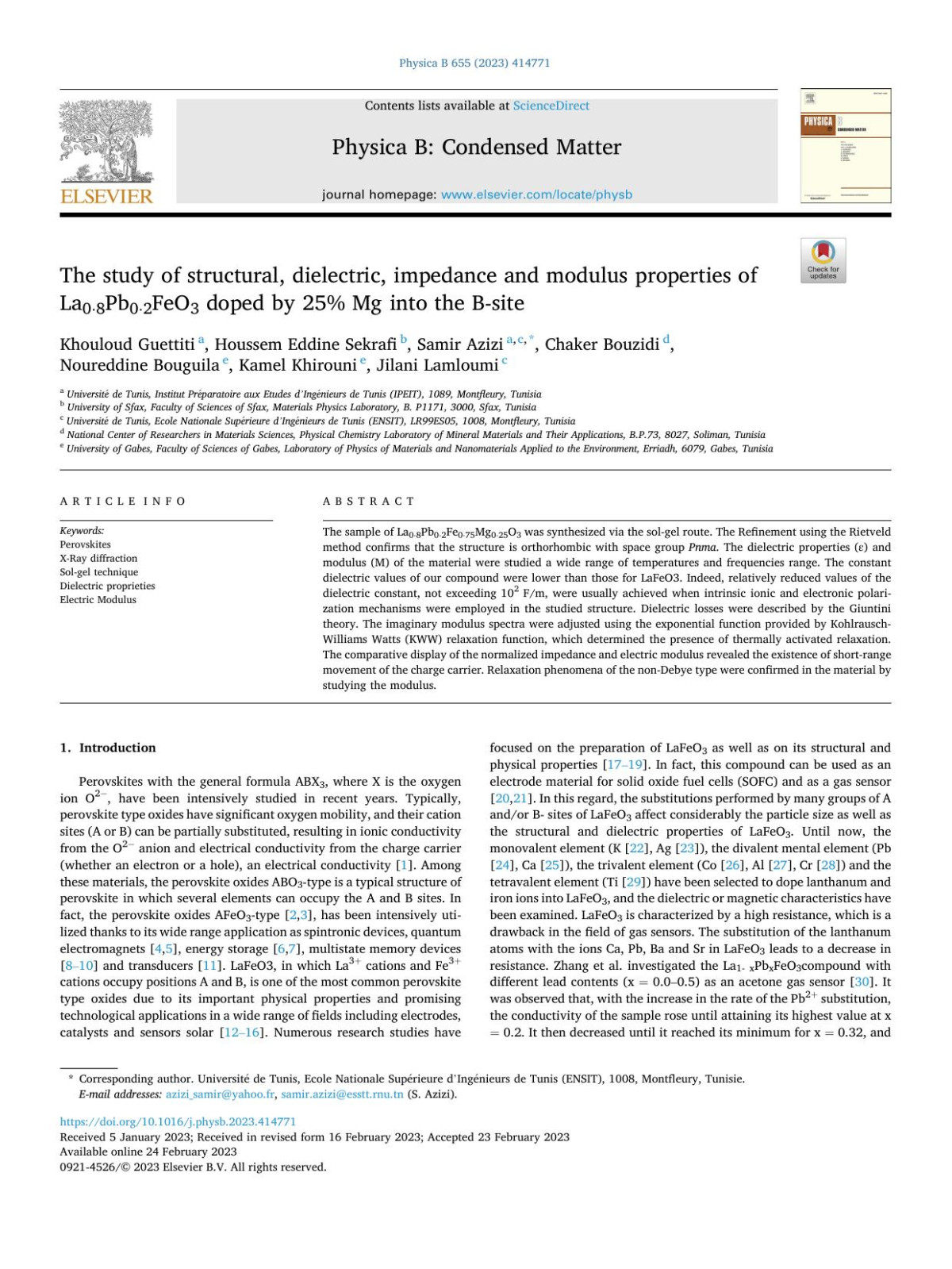 The Study Of Structural Dielectric Impedance And Modulus Properties Of La08pb02feo3 Doped By 25 Mg Into The Bsite Khouloud Guettiti