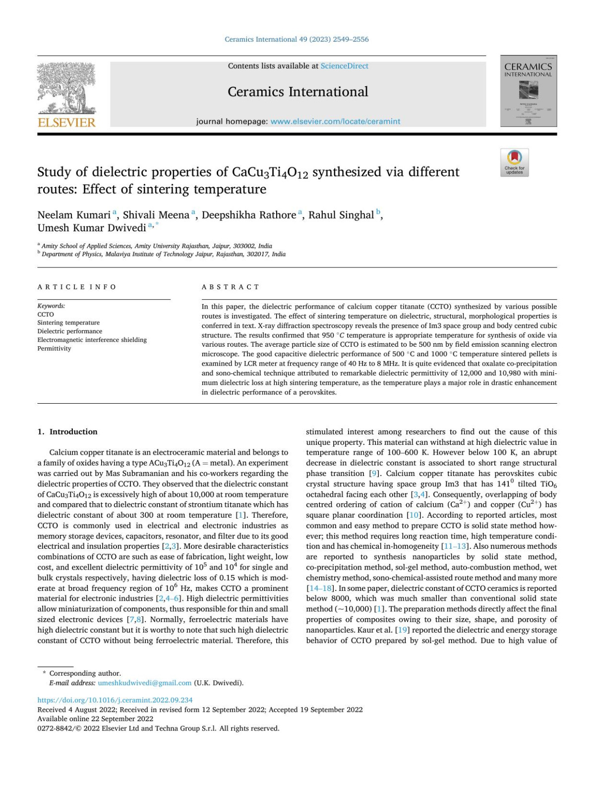 Study Of Dielectric Properties Of Cacu3ti4o12 Synthesized Via Different Routes Effect Of Sintering Temperature Neelam Kumari