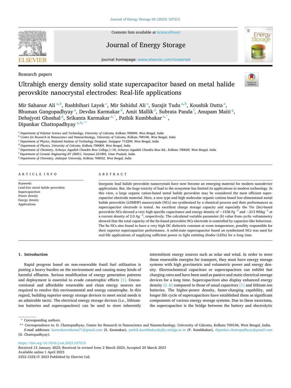 Ultrahigh Energy Density Solid State Supercapacitor Based On Metal Halide Perovskite Nanocrystal Electrodes Reallife Applications Mir Sahanur Ali