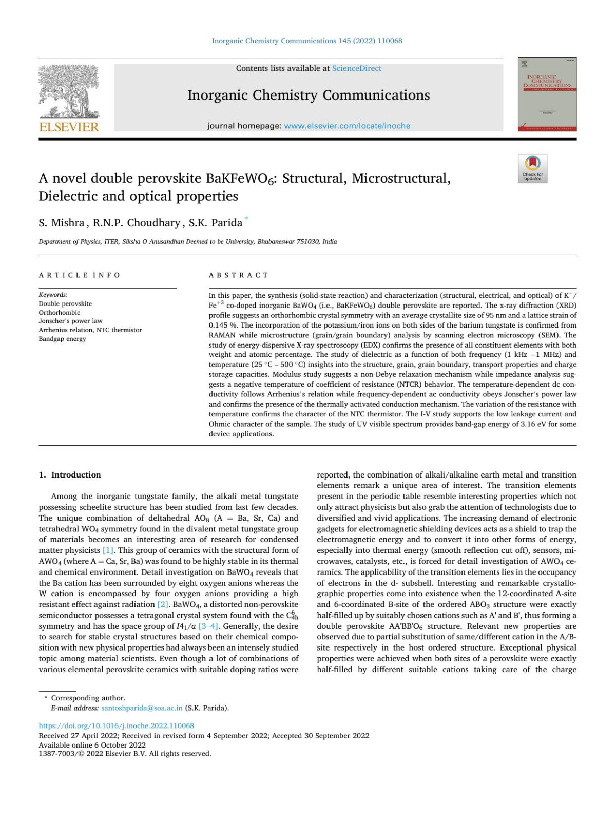 A Novel Double Perovskite Bakfewo6 Structural Microstructural Dielectric And Optical Properties S Mishra