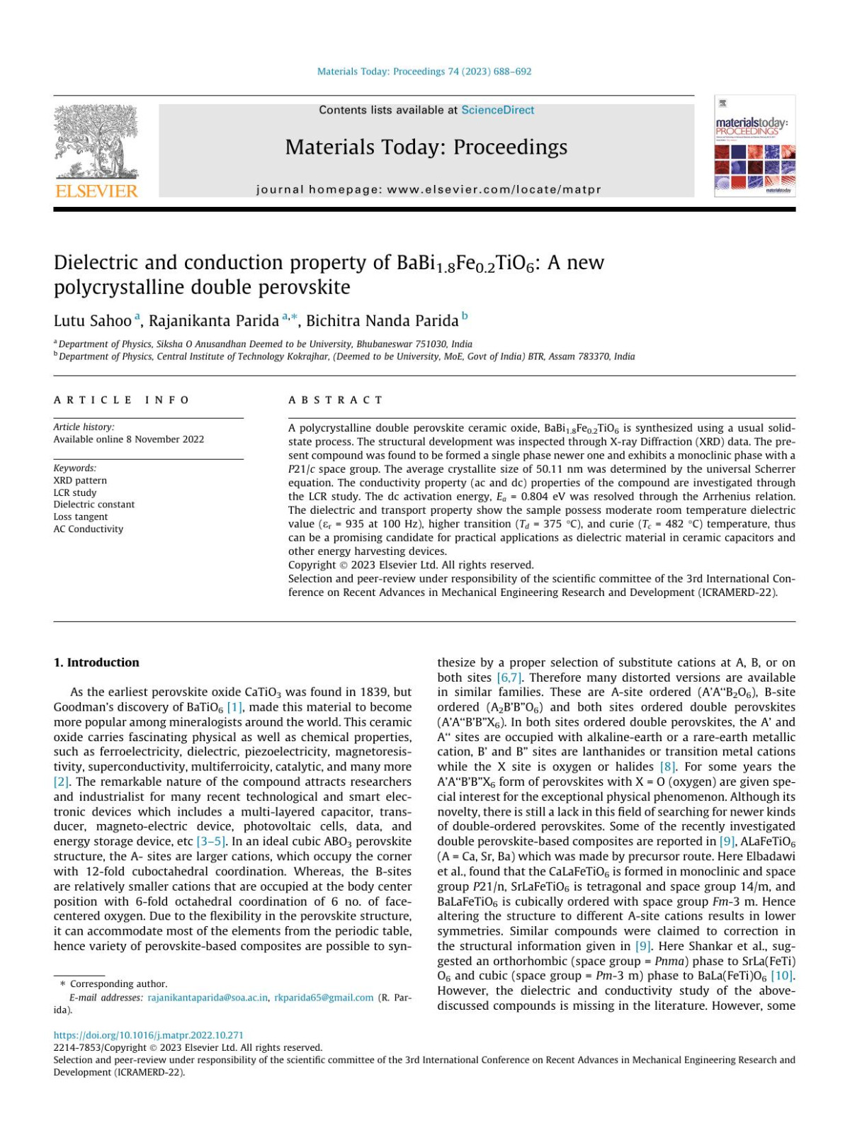 Dielectric And Conduction Property Of Babi18fe02tio6 A New Polycrystalline Double Perovskite Lutu Sahoo Rajanikanta Parida Bichitra Nanda Parida
