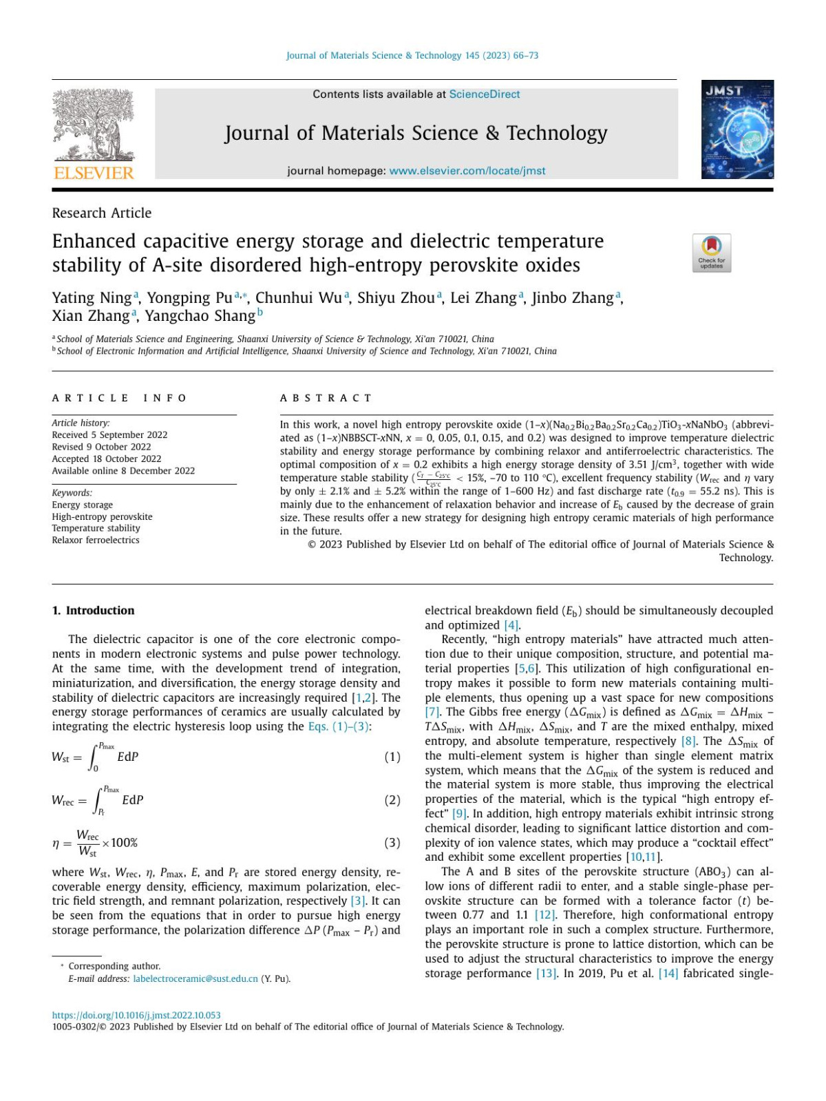 Enhanced Capacitive Energy Storage And Dielectric Temperature Stability Of Asite Disordered Highentropy Perovskite Oxides Yating Ning Yongping Pu Chunhui Wu Shiyu Zhou Lei Zhang Jinbo Zhang Xian Zhang Yangchao Shang