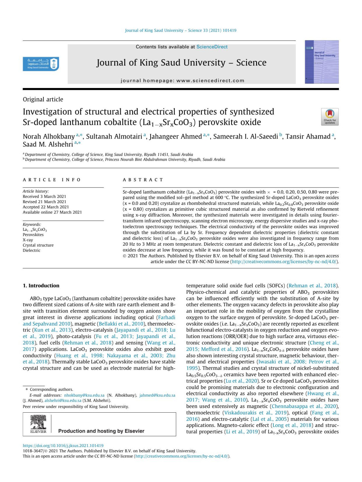 Investigation Of Structural And Electrical Properties Of Synthesized Srdoped Lanthanum Cobaltite La1xsrxcoo3 Perovskite Oxide Norah Alhokbany Sultanah Almotairi Jahangeer Ahmed Sameerah I Alsaeedi Tansir Ahamad Saad M Alshehri