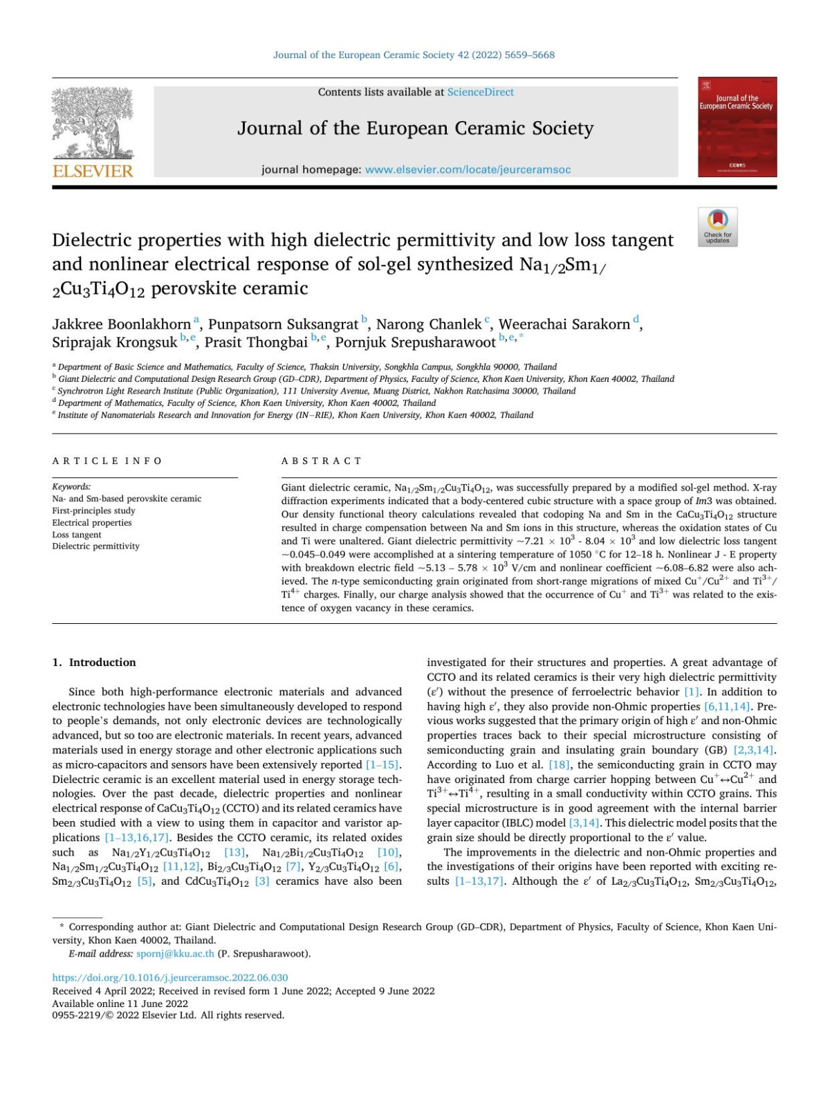 Dielectric Properties With High Dielectric Permittivity And Low Loss Tangent And Nonlinear Electrical Response Of Solgel Synthesized Na12sm12cu3ti4o12 Perovskite Ceramic Jakkree Boonlakhorn