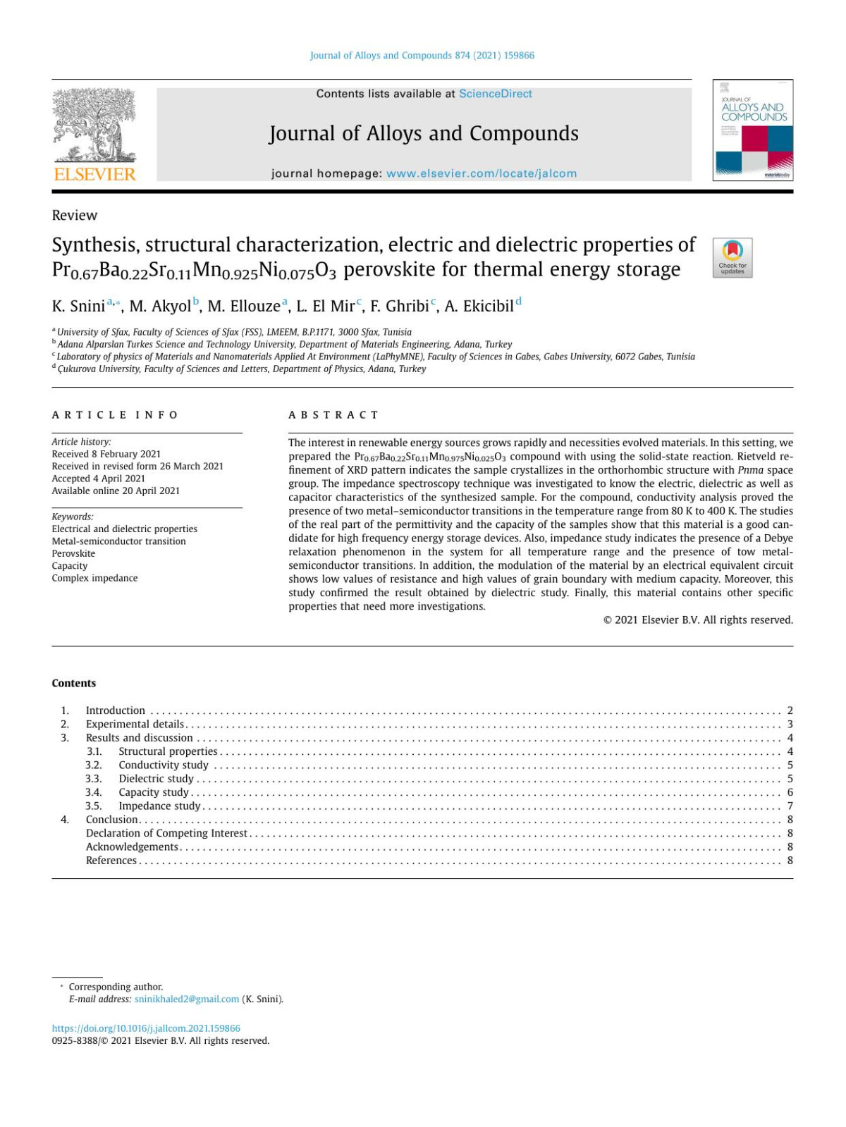 Synthesis Structural Characterization Electric And Dielectric Properties Of Pr067ba022sr011mn0925ni0075o3 Perovskite For Thermal Energy Storage K Snini M Akyol M Ellouze L El Mir F Ghribi A Ekicibil