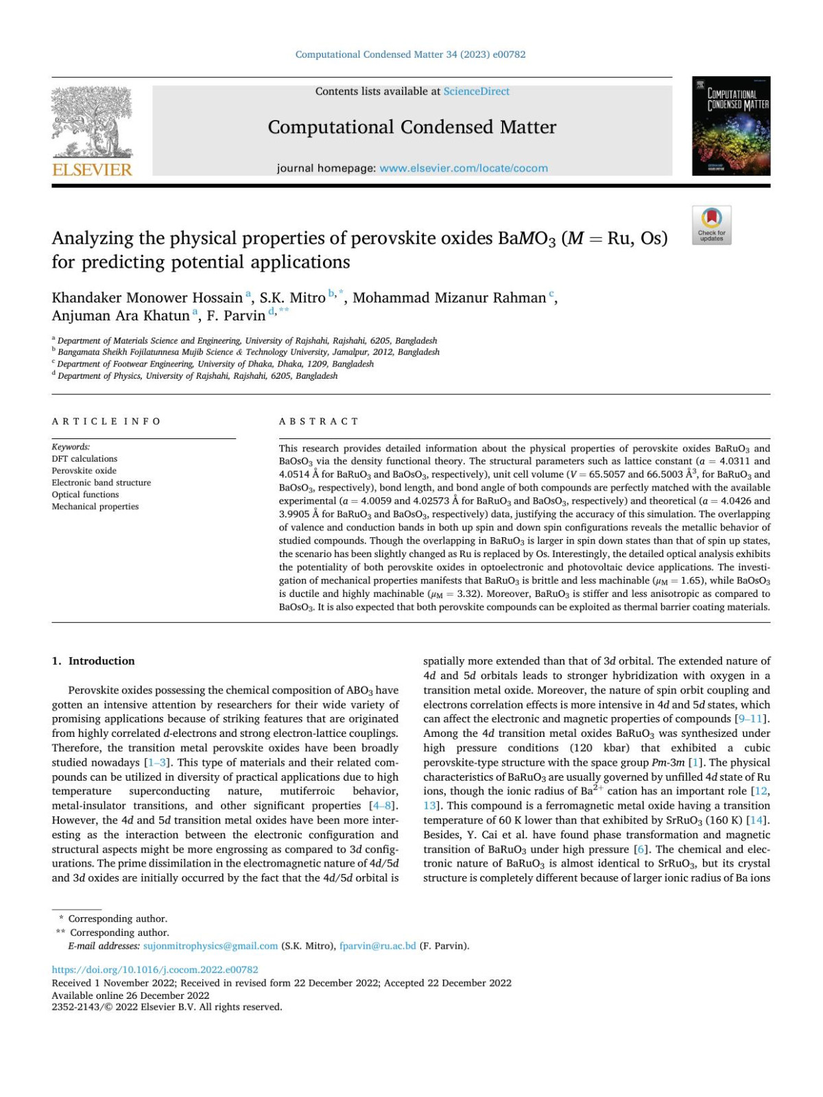 Analyzing The Physical Properties Of Perovskite Oxides Ba M O3 M Ru Os For Predicting Potential Applications Khandaker Monower Hossain