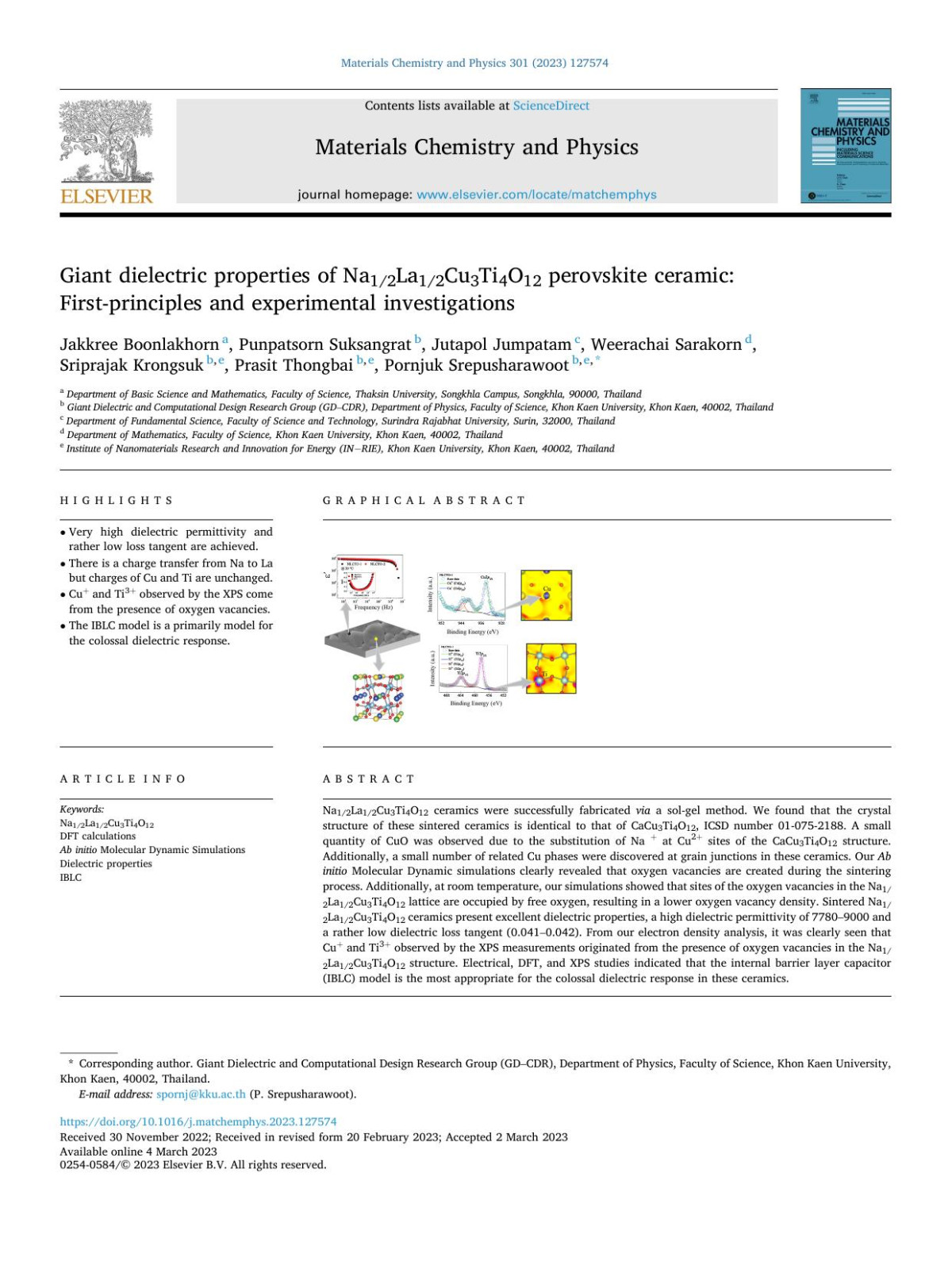 Giant Dielectric Properties Of Na12la12cu3ti4o12 Perovskite Ceramic Firstprinciples And Experimental Investigations Jakkree Boonlakhorn