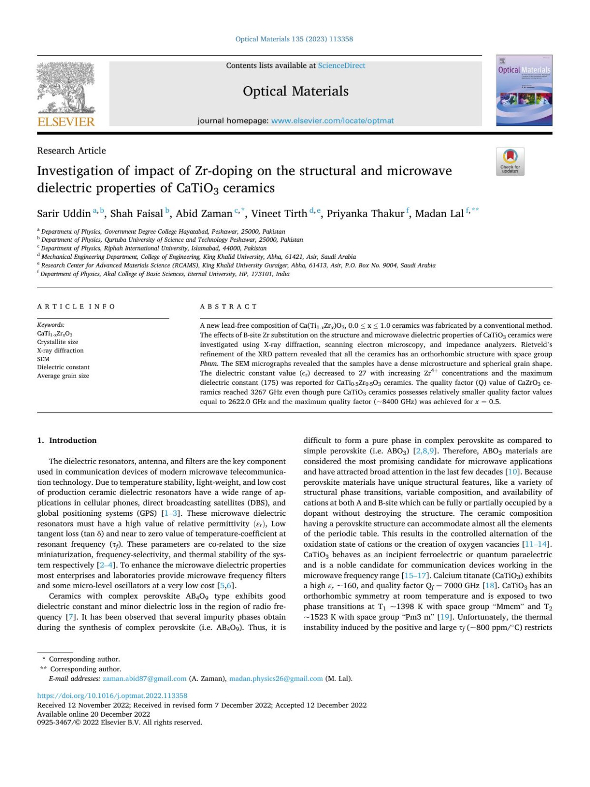Investigation Of Impact Of Zrdoping On The Structural And Microwave Dielectric Properties Of Catio3 Ceramics Sarir Uddin