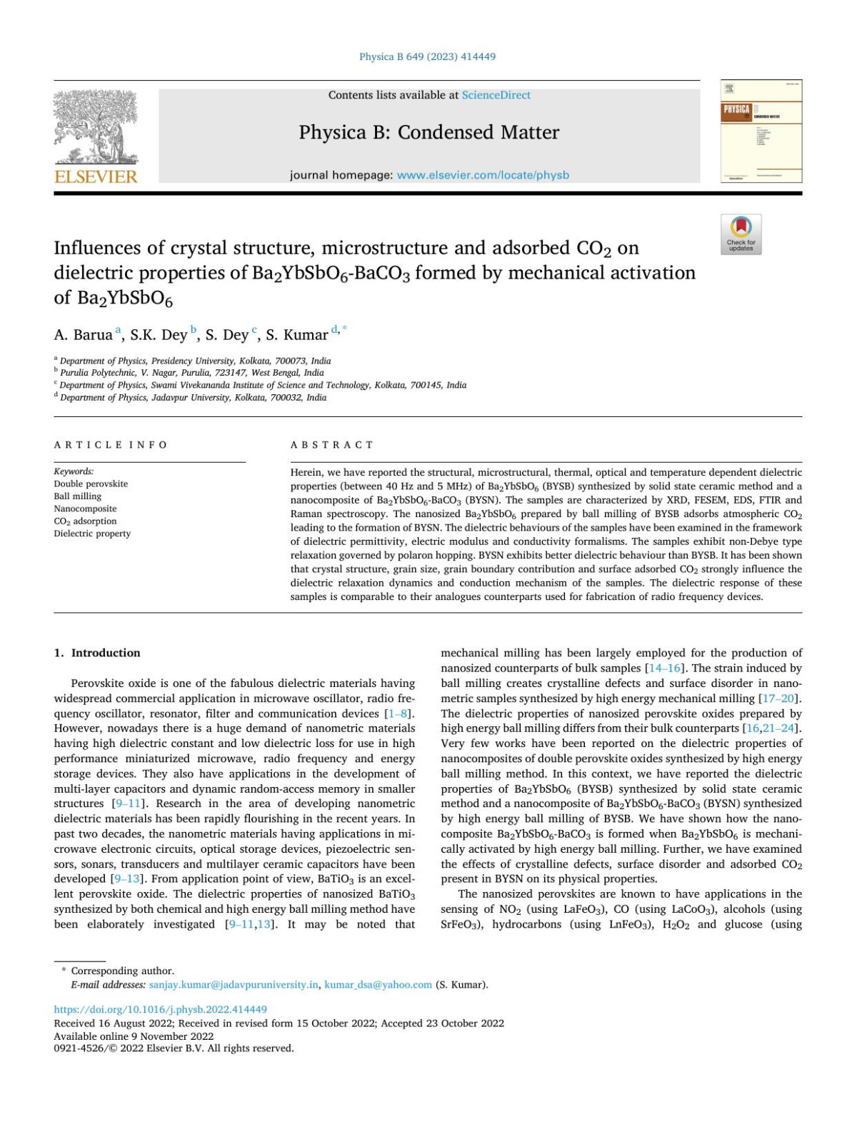 Influences Of Crystal Structure Microstructure And Adsorbed Co2 On Dielectric Properties Of Ba2ybsbo6baco3 Formed By Mechanical Activation Of Ba2ybsbo6 A Barua